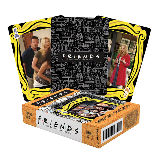 Friends-themed playing cards with character images and series logo on packaging