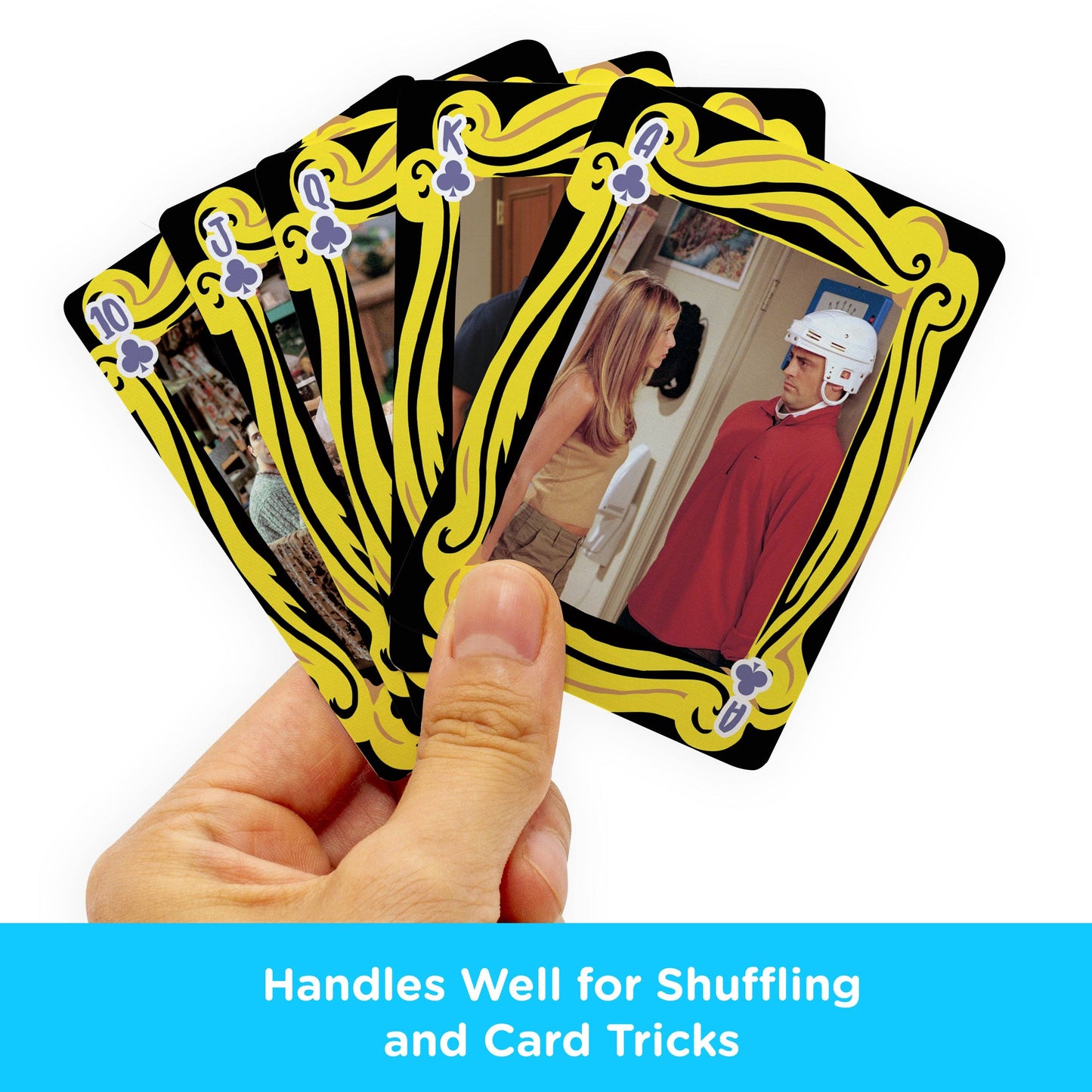 Hand holding playing cards with decorative borders and images, text 'Handles Well for Shuffling and Card Tricks' at the bottom.