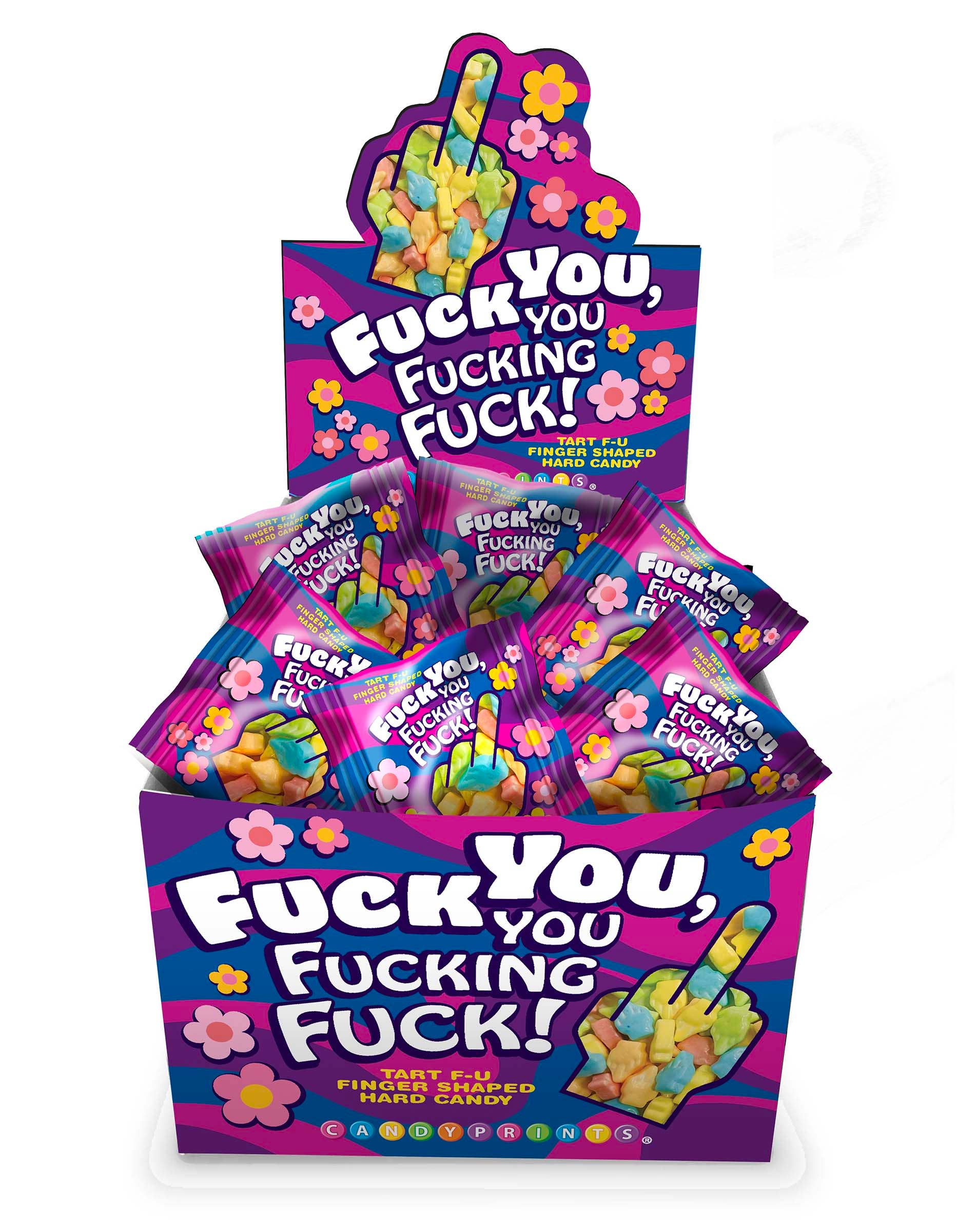 Display box of 'Fuck You, Fucking Fuck!' candy with colorful packaging.