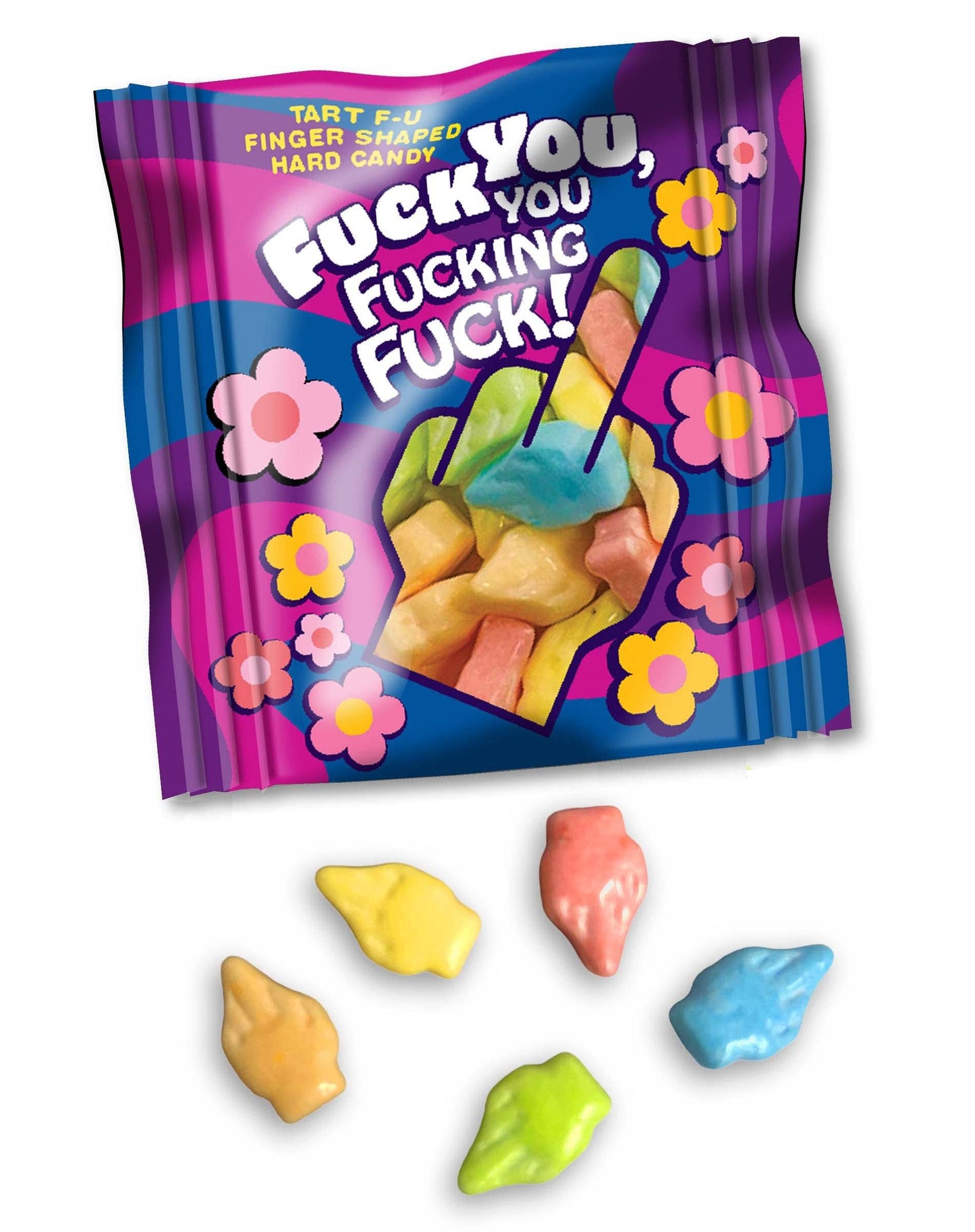 Colorful candy package with floral designs and text on a white background