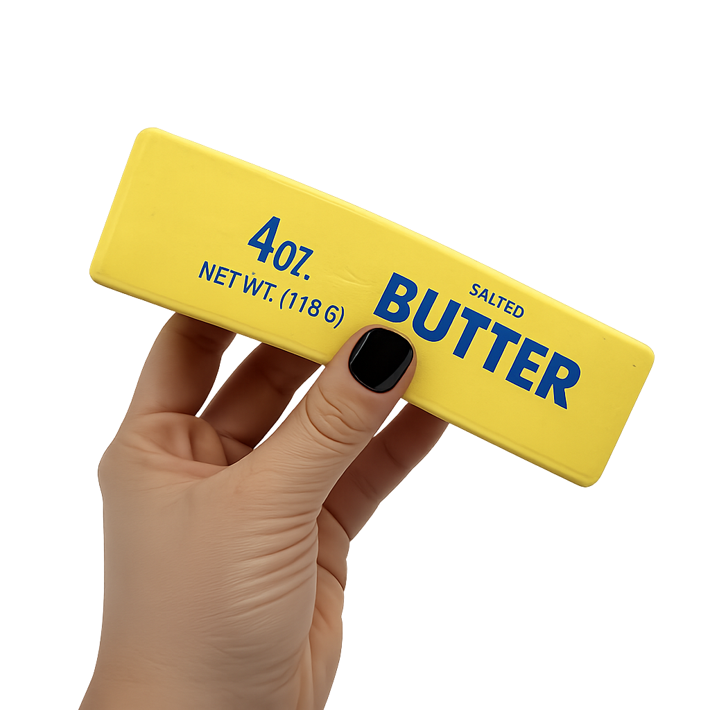 Hand holding a yellow block of salted butter with blue text on a white background