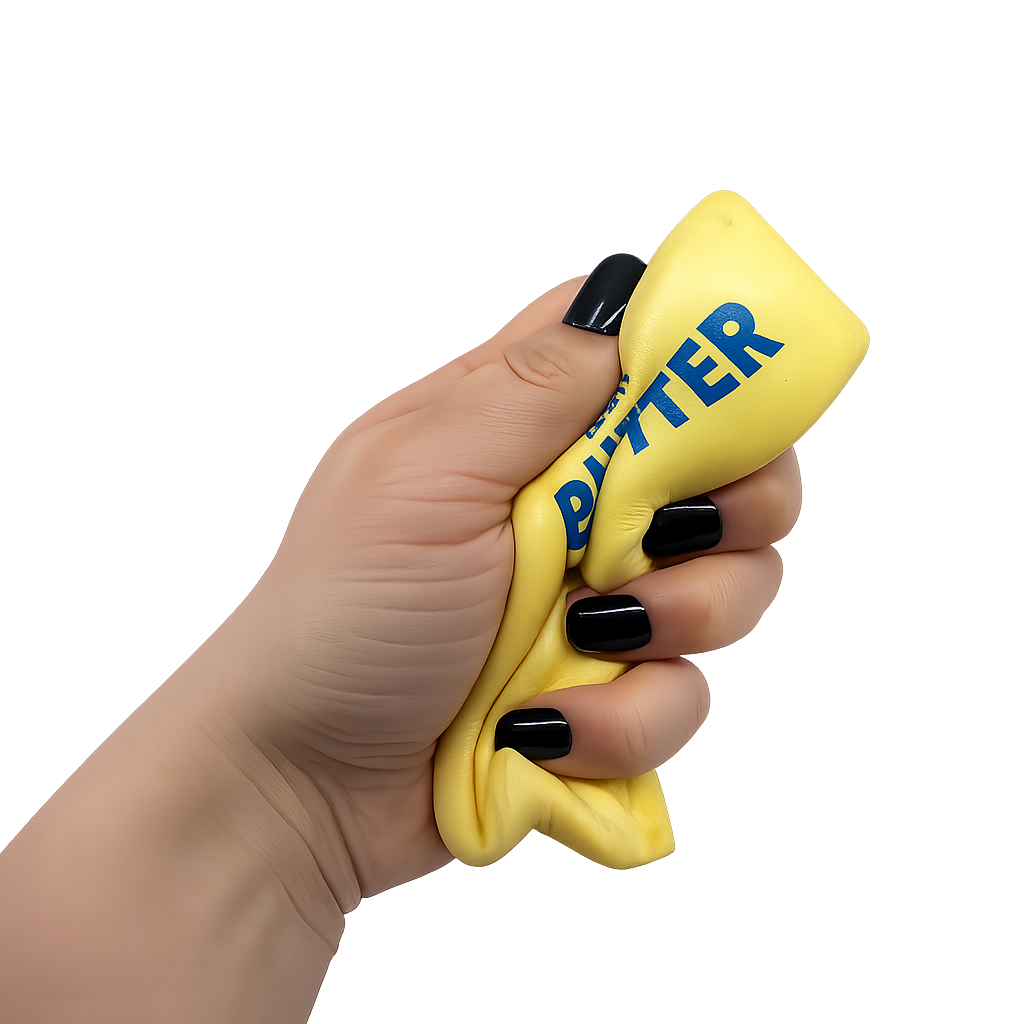Hand holding a yellow stress ball with 'Butter' text on a white background