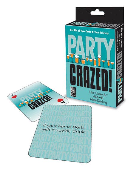 Playing cards and packaging for 'Party Crazed!' game on a white background