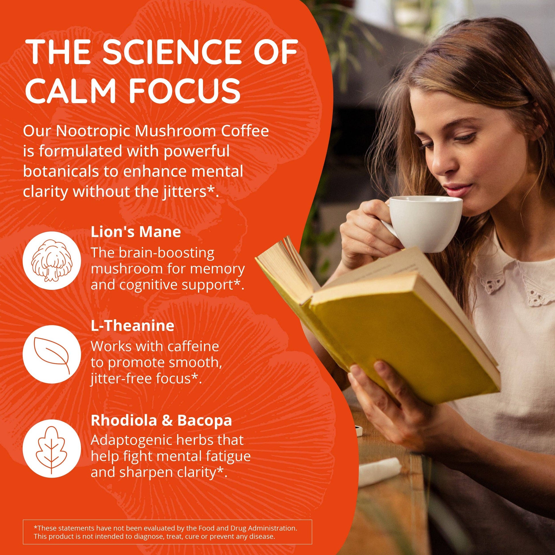 Woman reading a book while drinking coffee with text about nootropic mushroom coffee benefits.