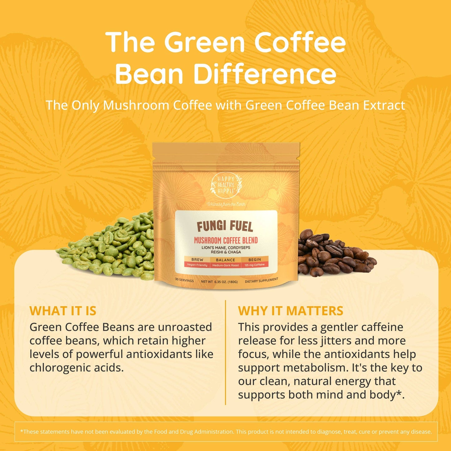 Fungi Fuel mushroom coffee blend package with green coffee beans and coffee beans on a yellow background