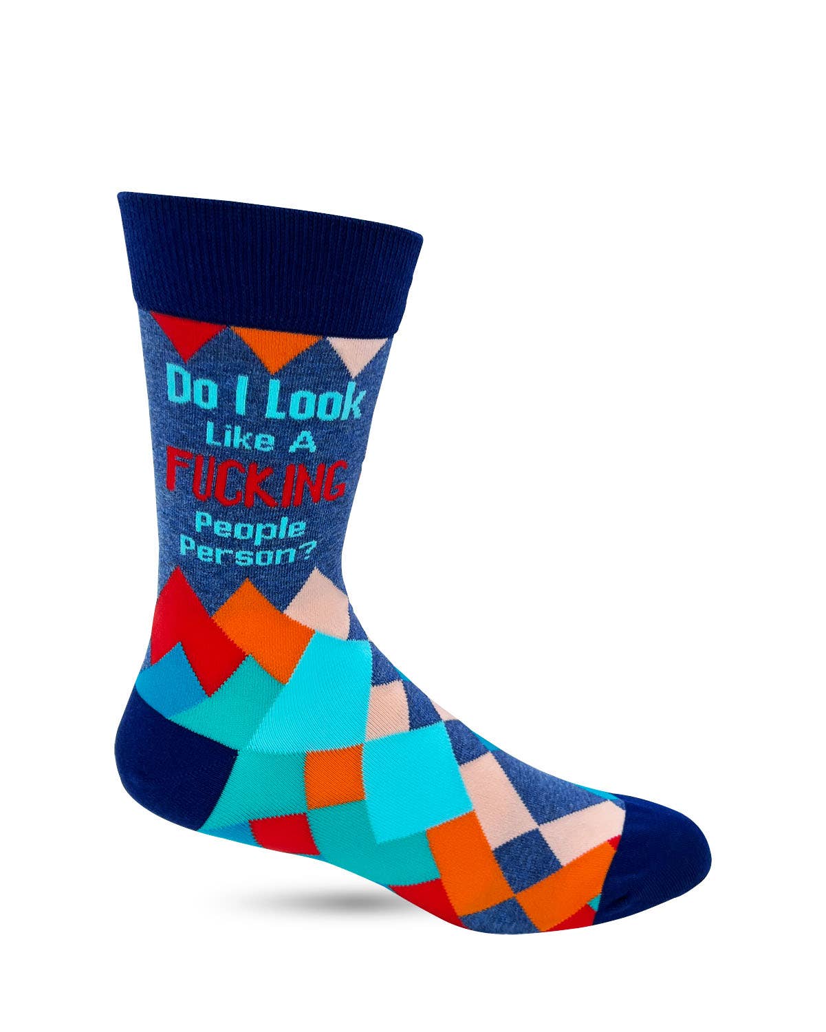 Colorful sock with text on a white background