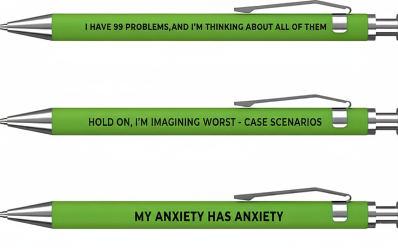 Three green pens with humorous text on a white background
