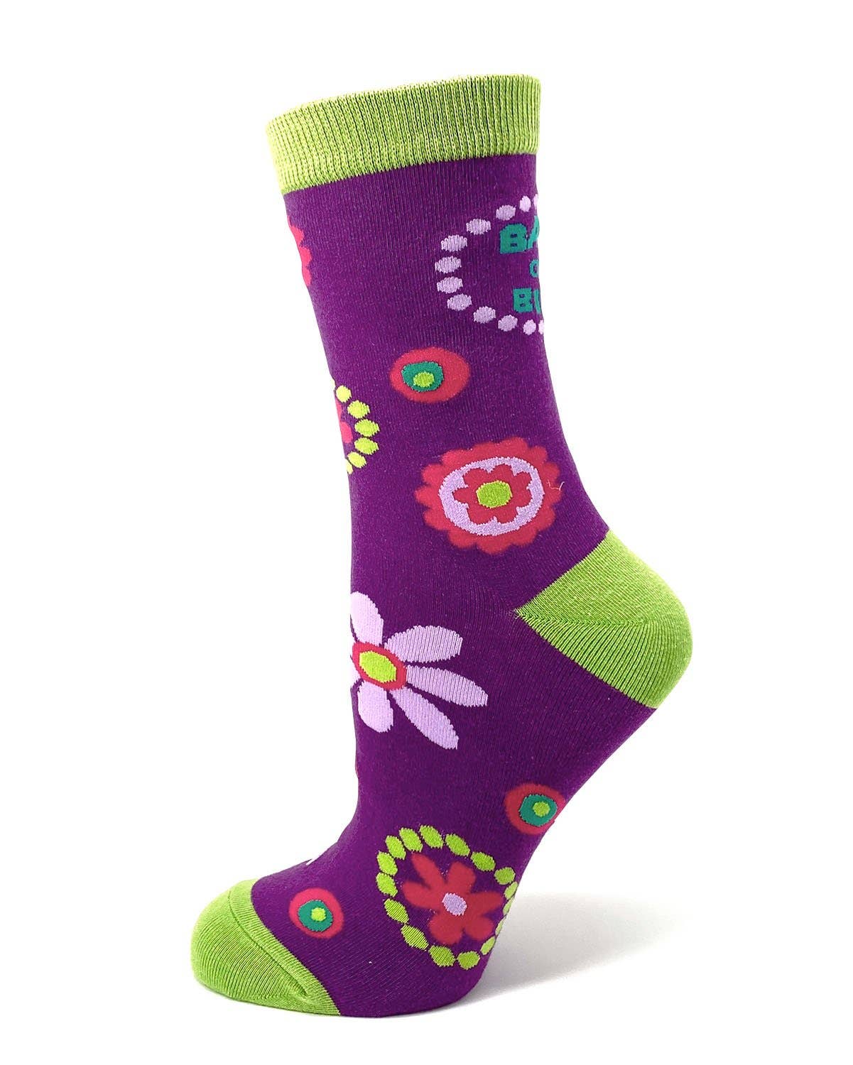 Purple sock with floral designs and green accents on a white background