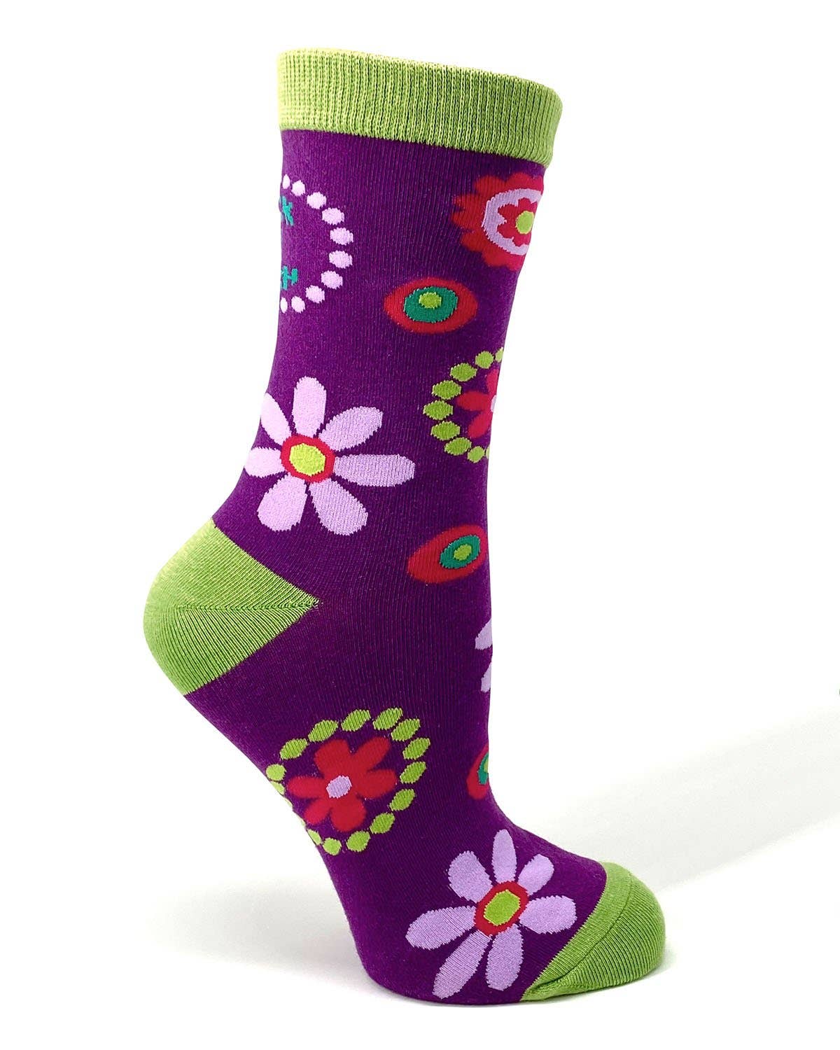 Purple sock with colorful flower patterns on a white background