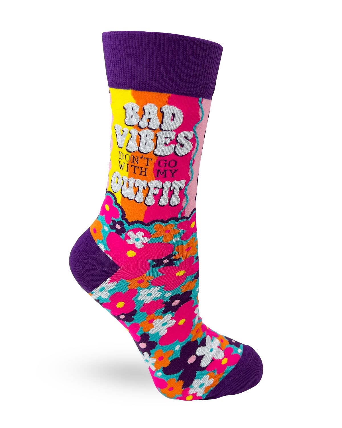 Colorful sock with floral pattern and text on a white background