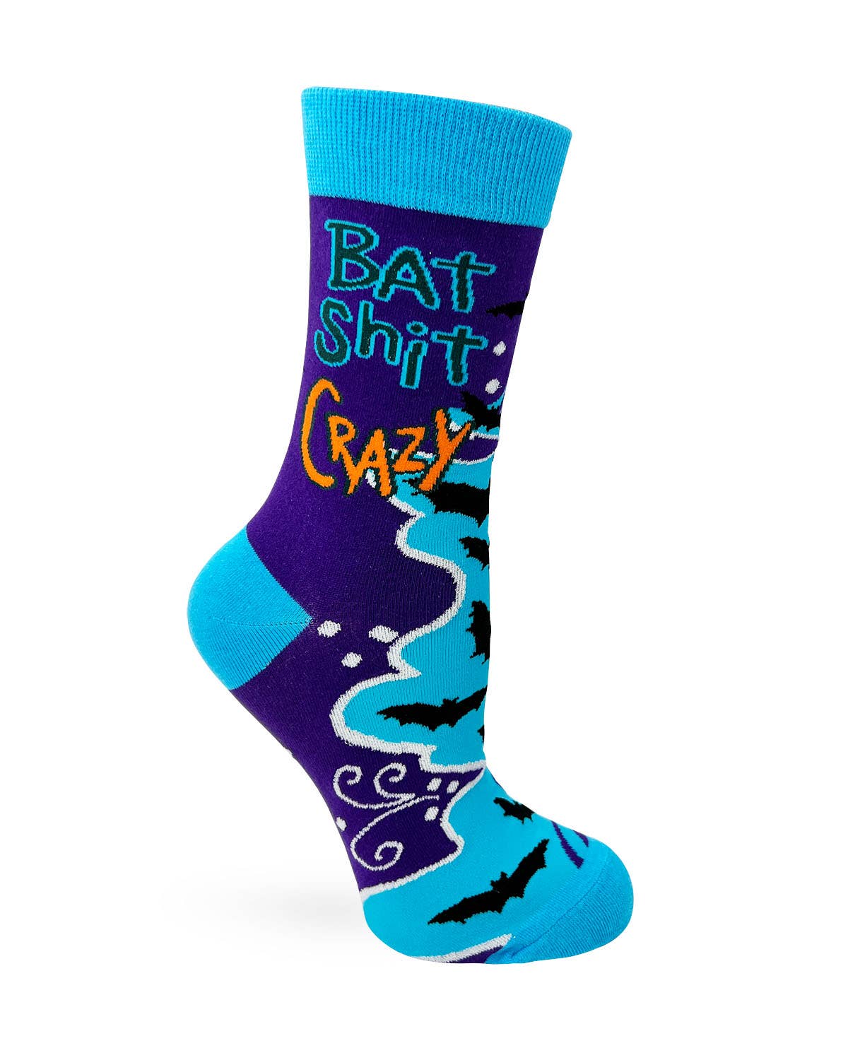 Sock with 'Bat Shit Crazy' text and bat designs on a white background