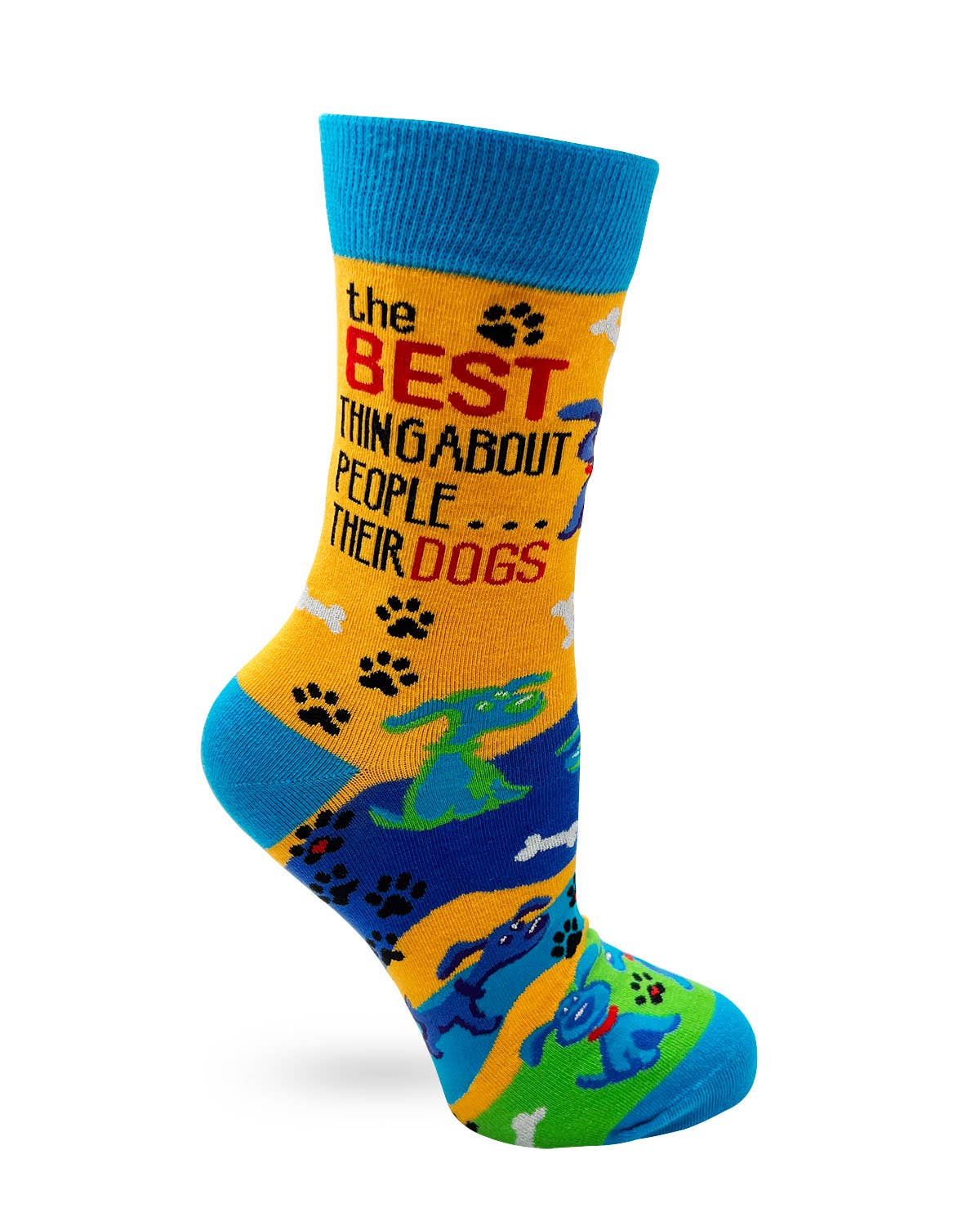 Colorful sock with dog-themed design and text on a white background