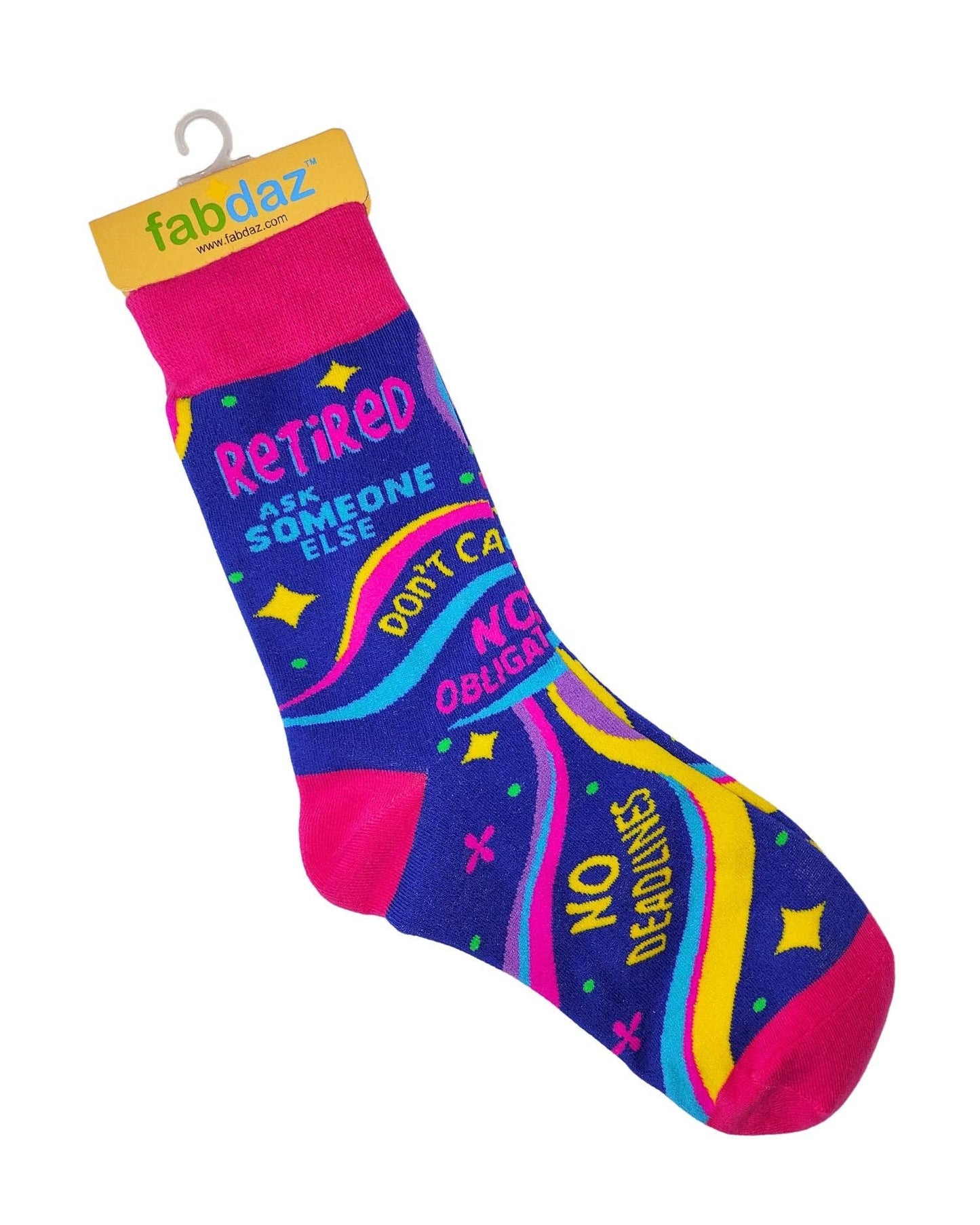 Colorful sock with text and fabdaz branding on a white background