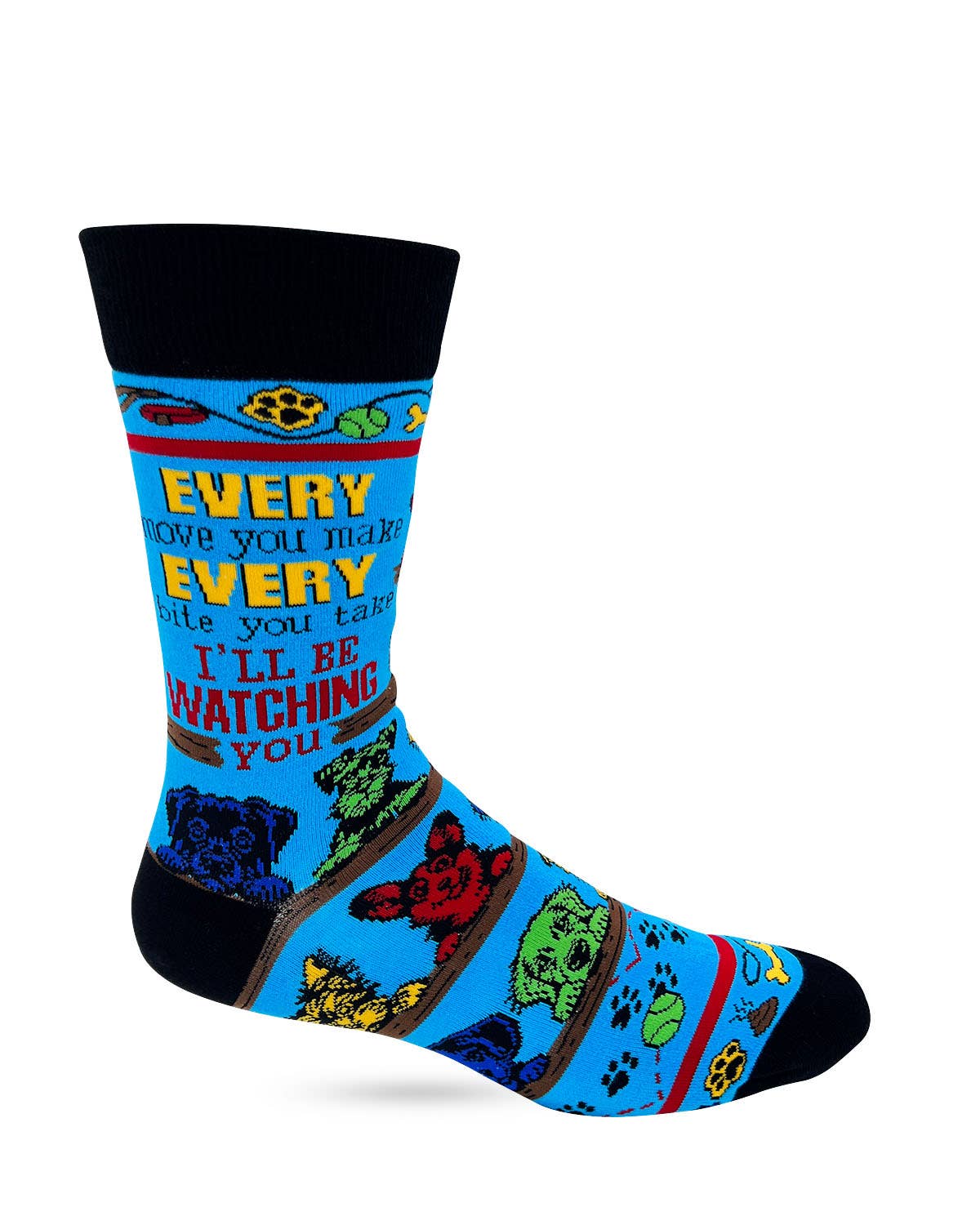 Colorful sock with cartoon characters and text on a white background