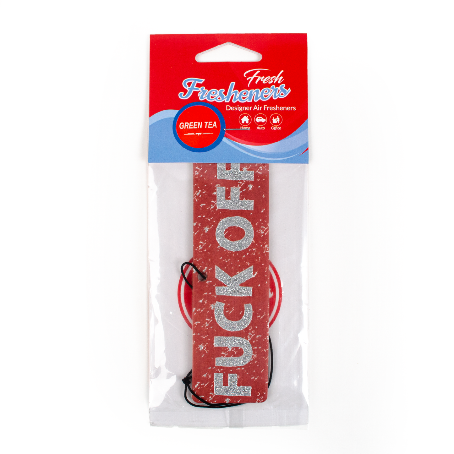 Red air freshener with 'F*CK OFF' text in silver, packaged in a Fresheners branded red and white box.