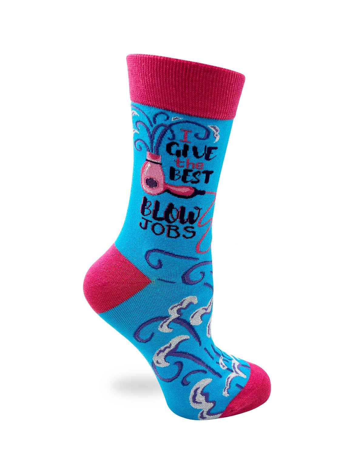 Blue sock with pink accents and text on a white background