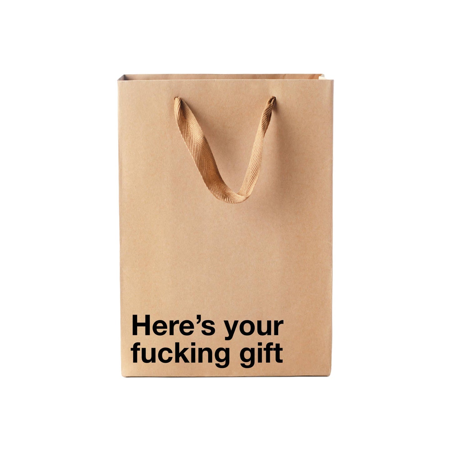 Brown paper gift bag with black text on a white background