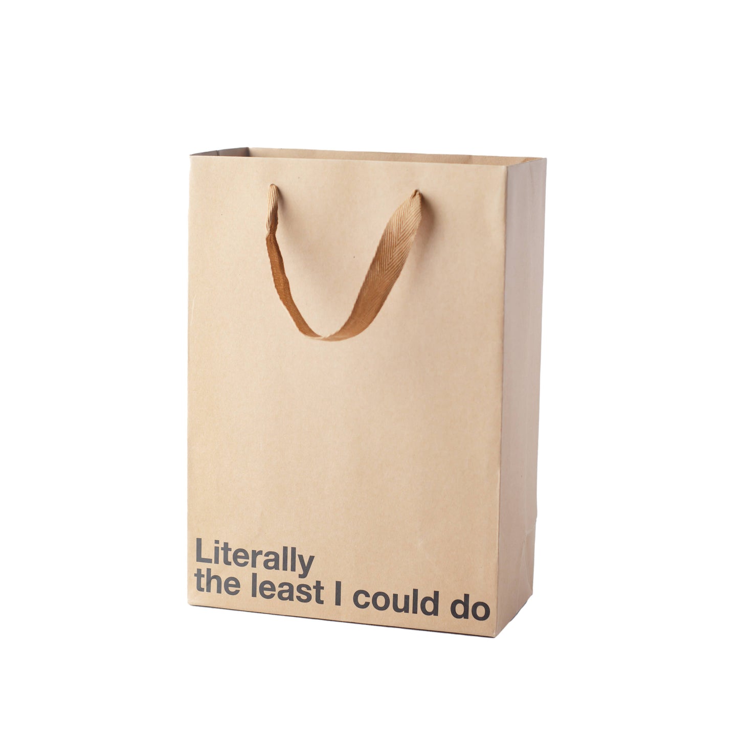 Beige paper bag with brown handles and text on a white background