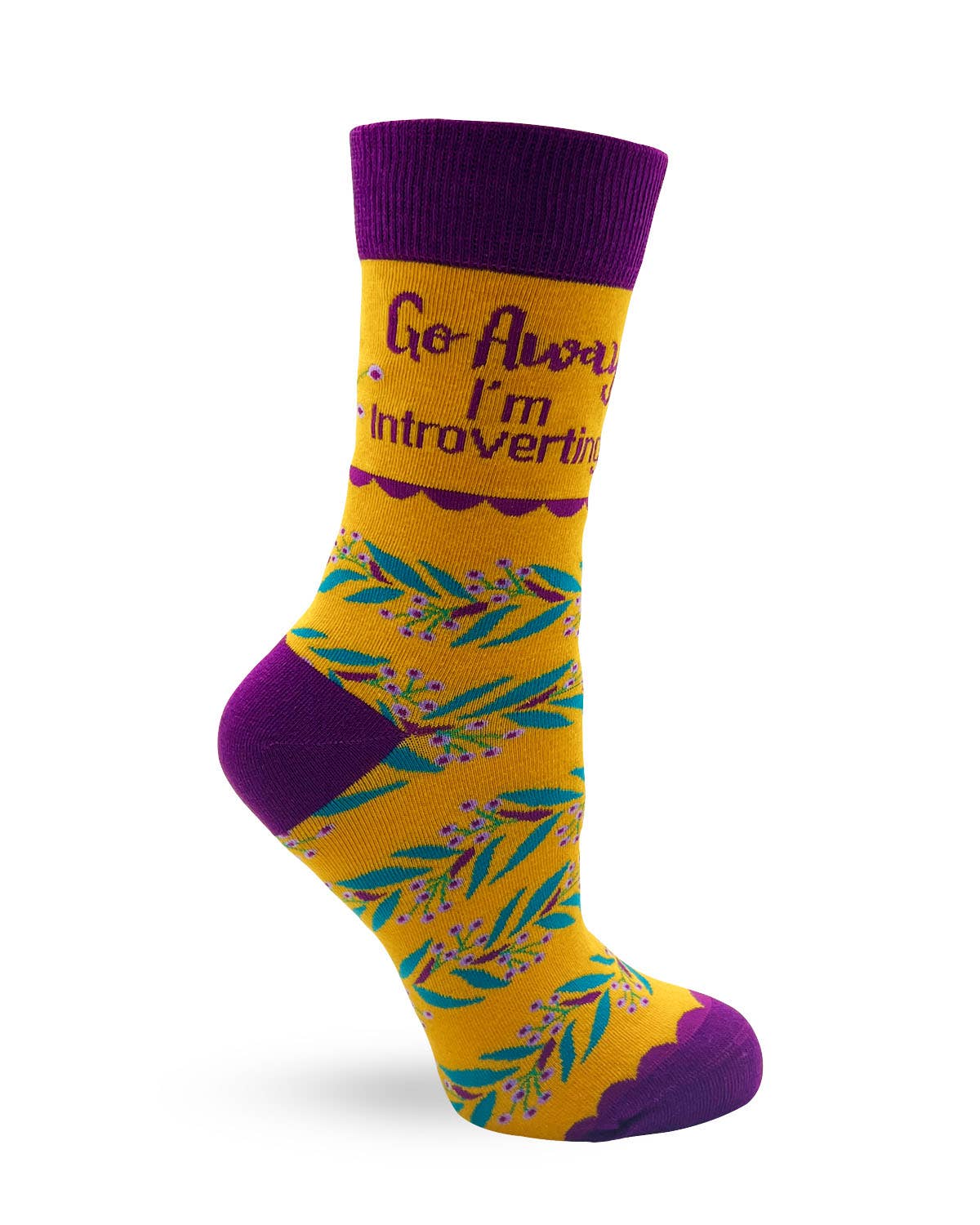 Yellow sock with purple accents and floral pattern on a white background