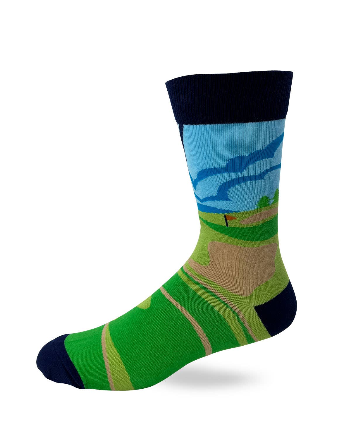 Golf-themed sock with green grass, blue sky, and black accents on a white background