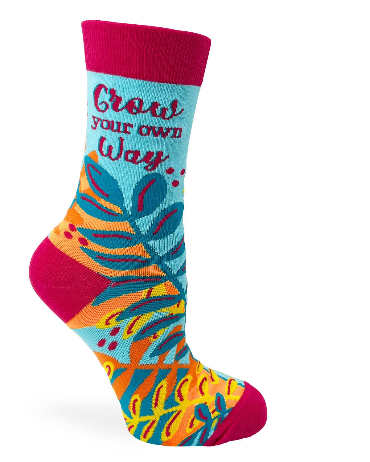 Colorful sock with leaf pattern and 'Grow your own Way' text on a white background