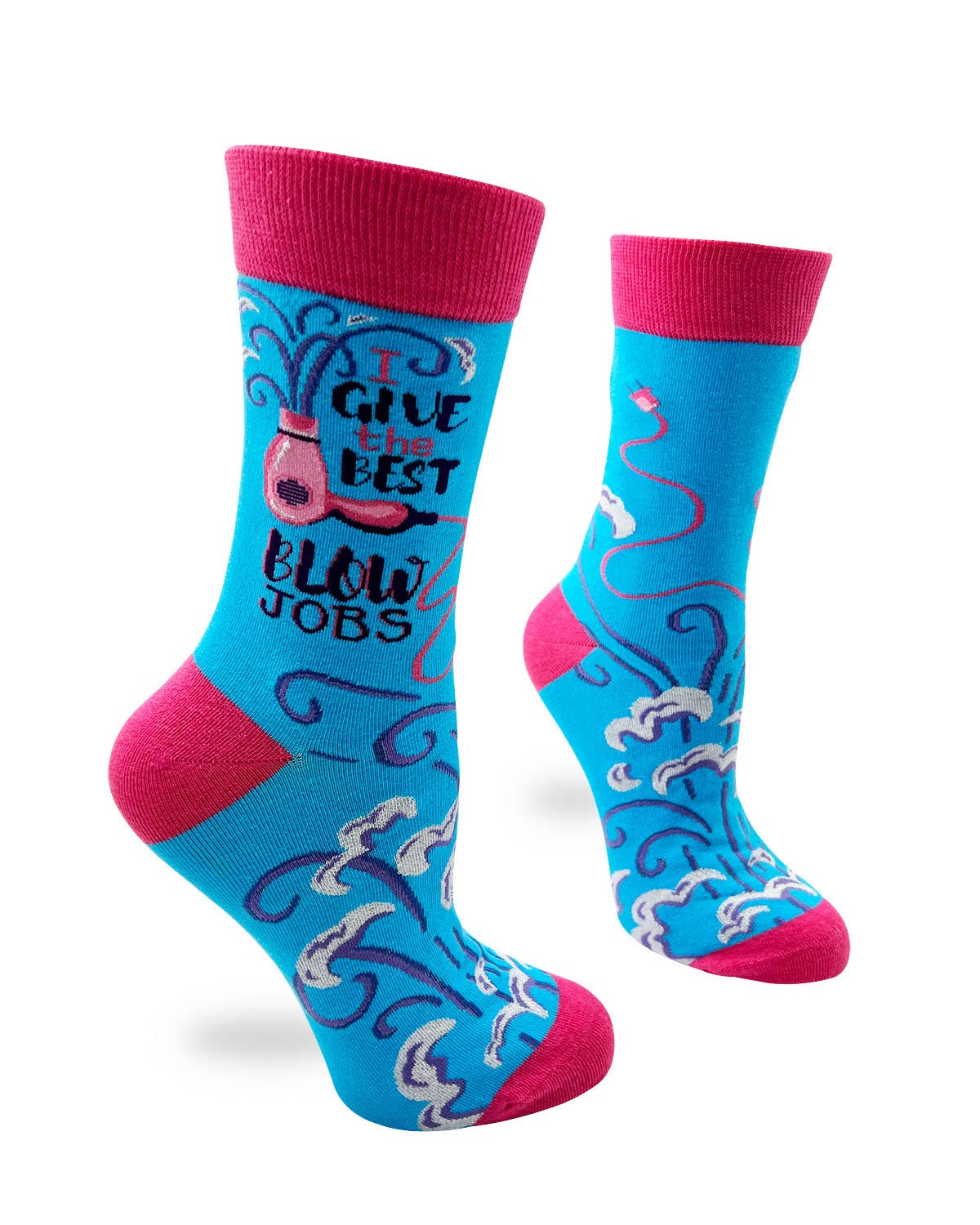 Colorful socks with text and graphics on a white background