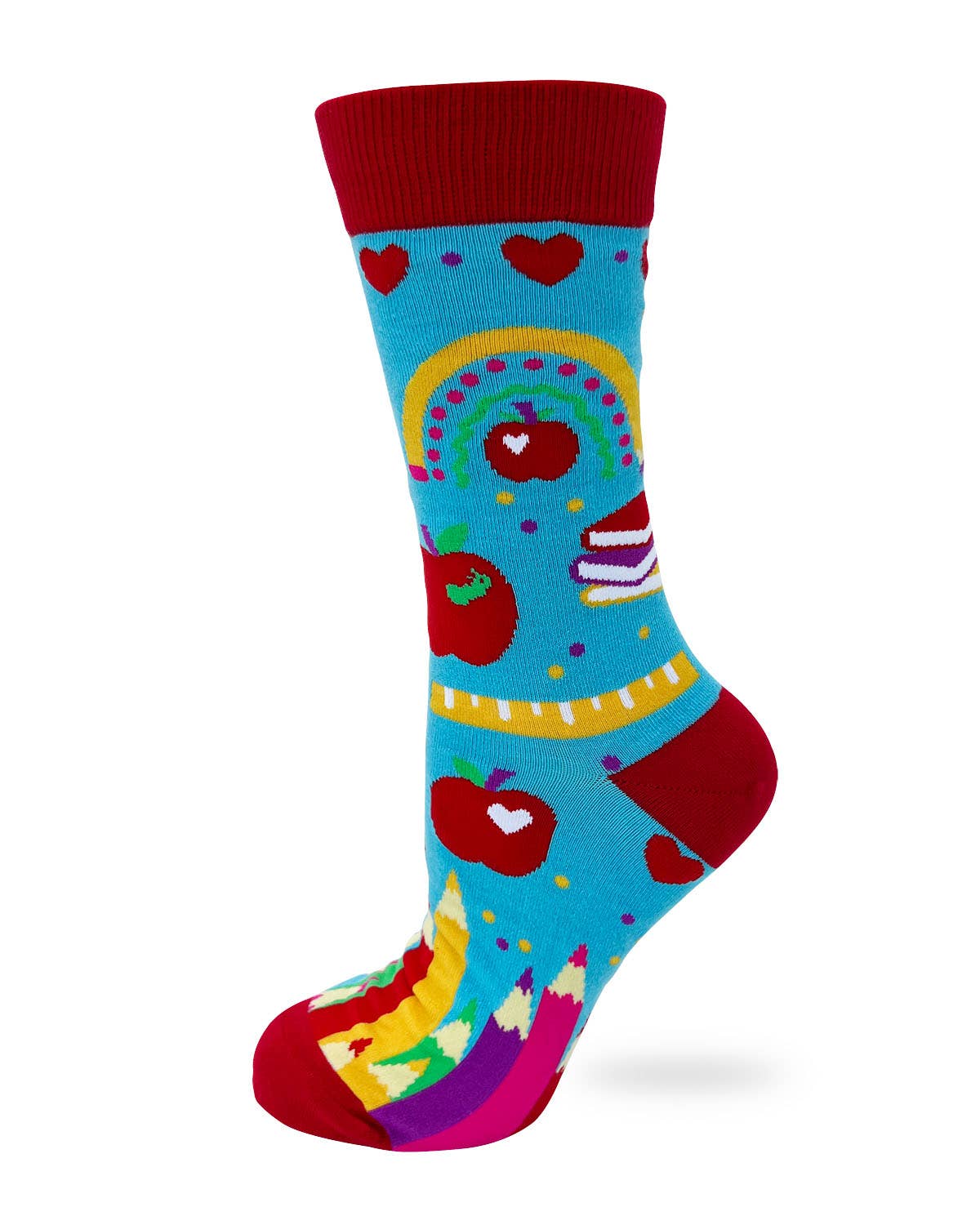 Colorful sock with heart, apple, and pencil designs on a white background