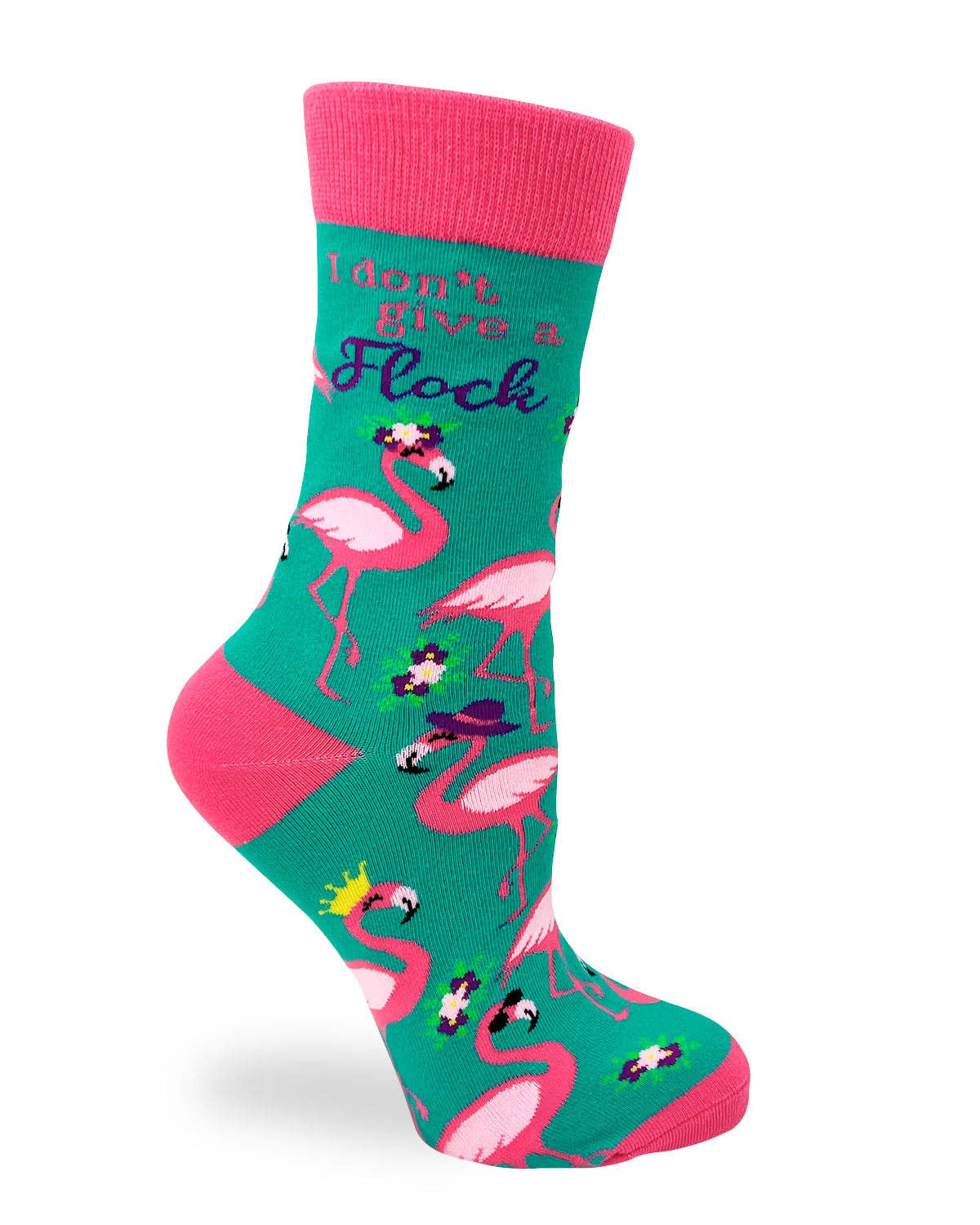 Colorful sock with flamingo design and text on a white background