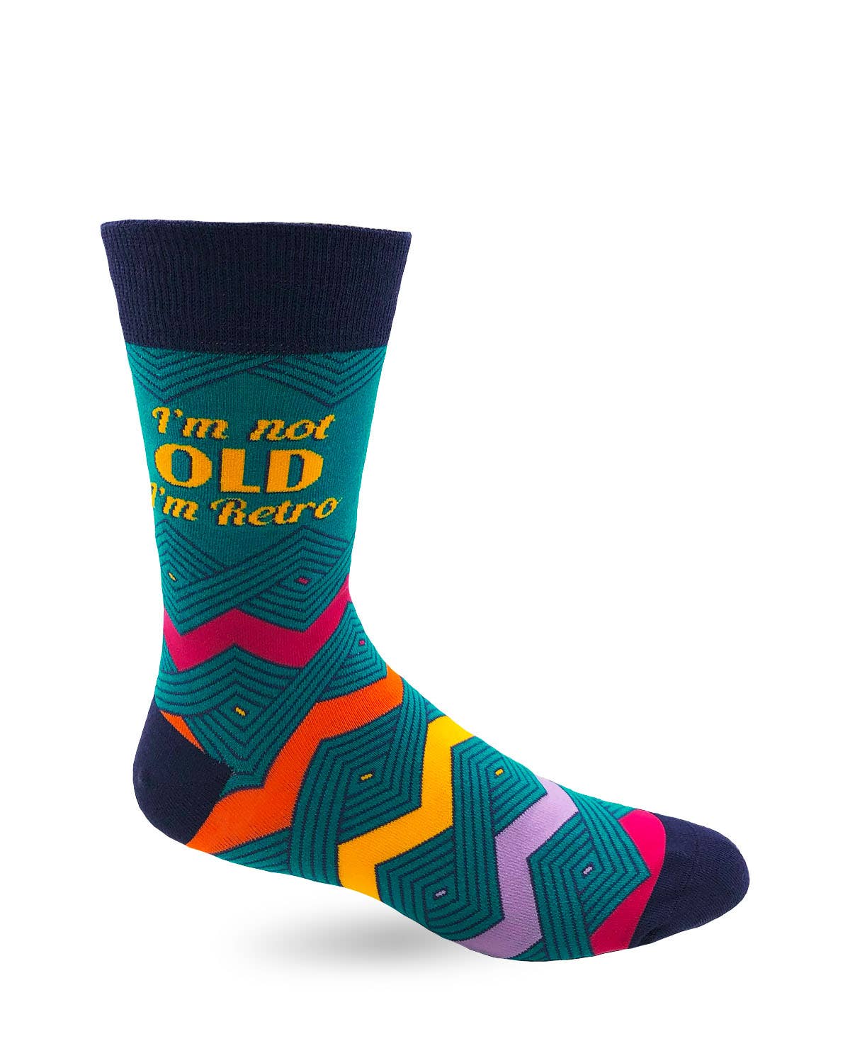 Colorful sock with text 'I'm not old, I'm retro' on a white background