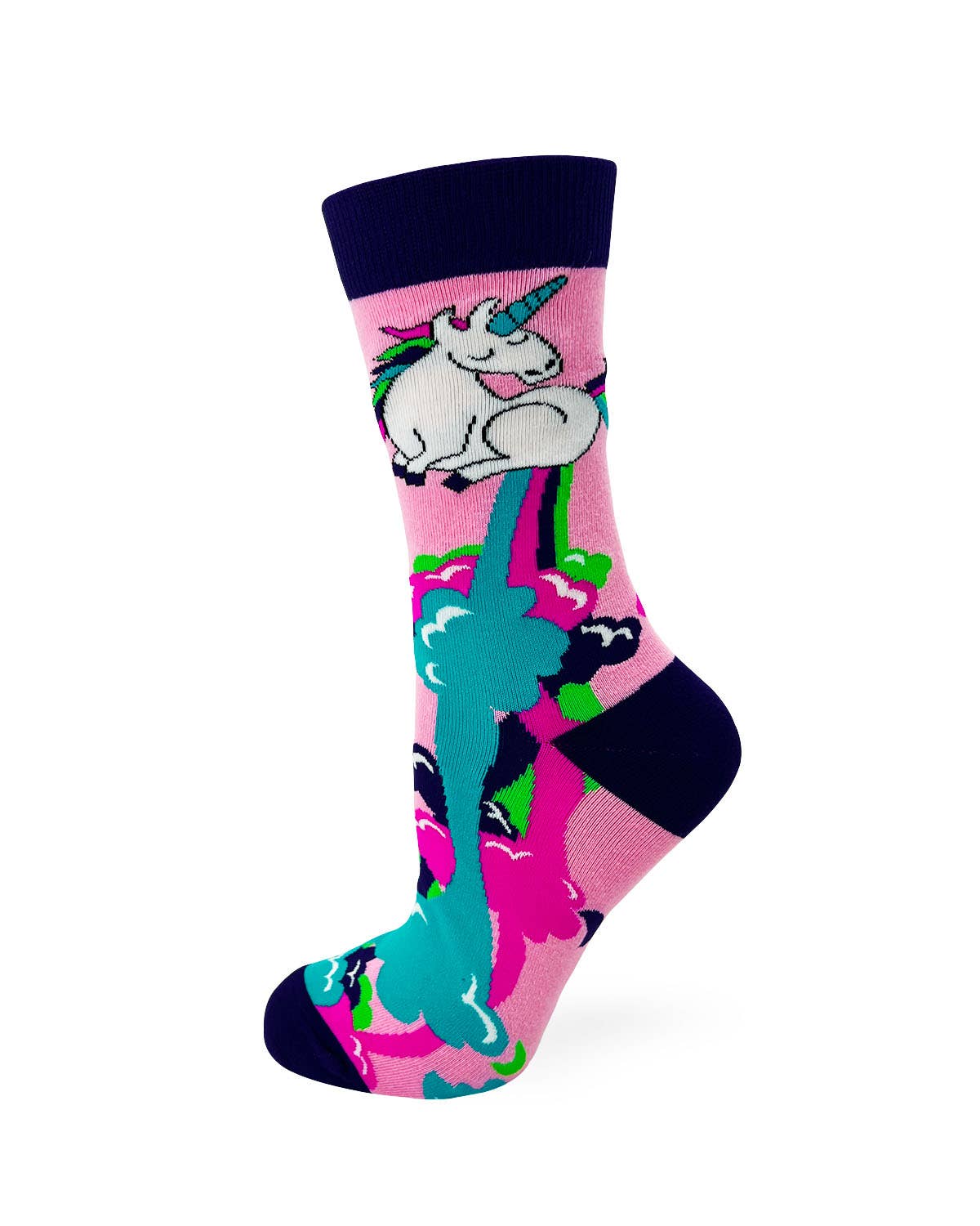 Colorful sock with unicorn design on a white background