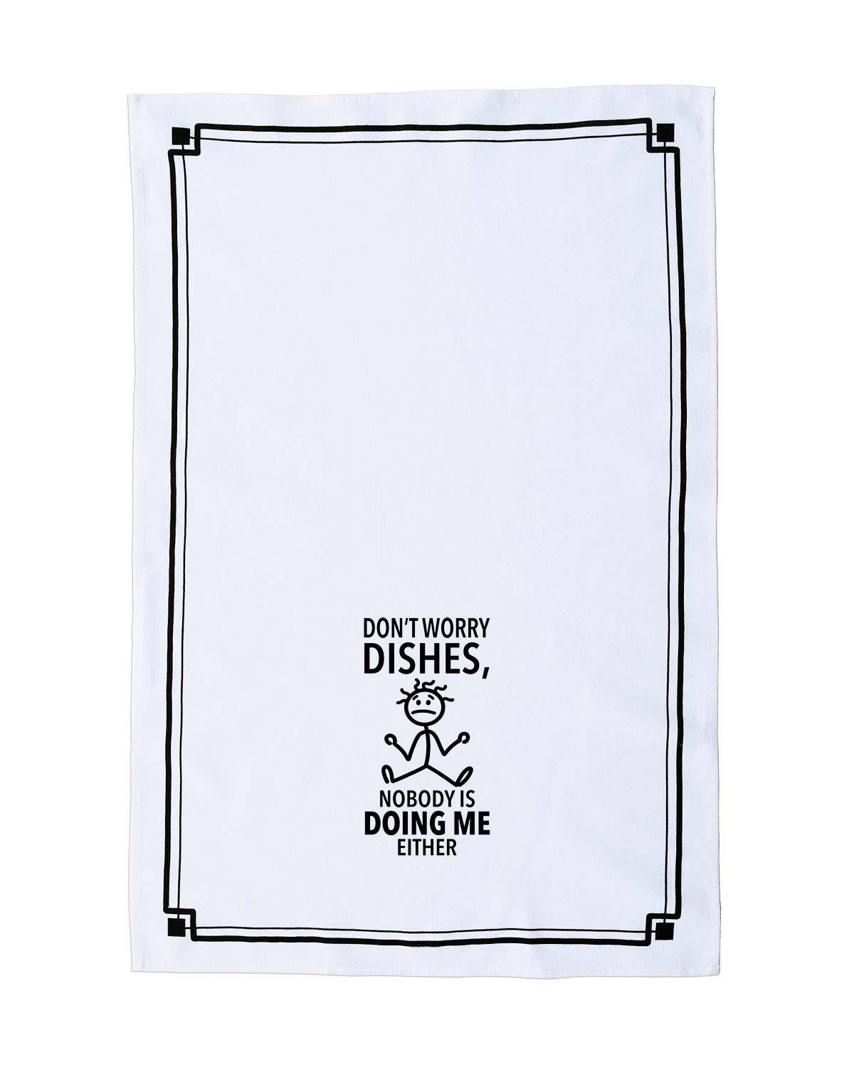 White towel with black text and graphic design on a white background