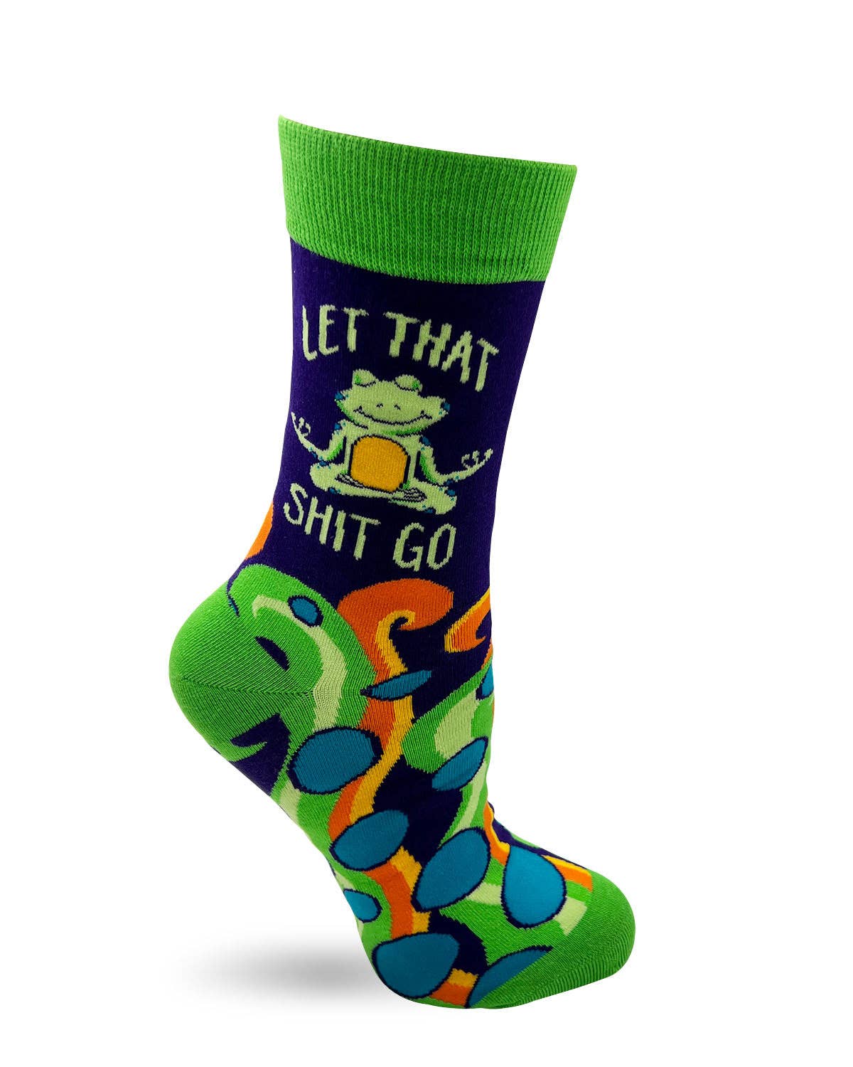 Colorful sock with a frog design and text on a white background