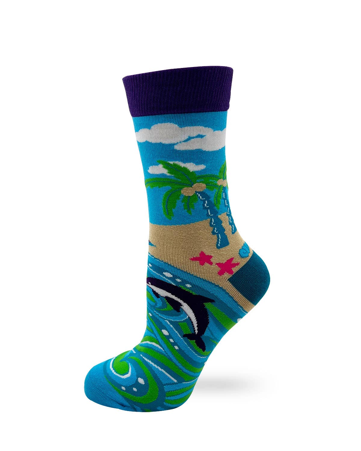 Colorful sock with a tropical design featuring palm trees and a shark on a white background