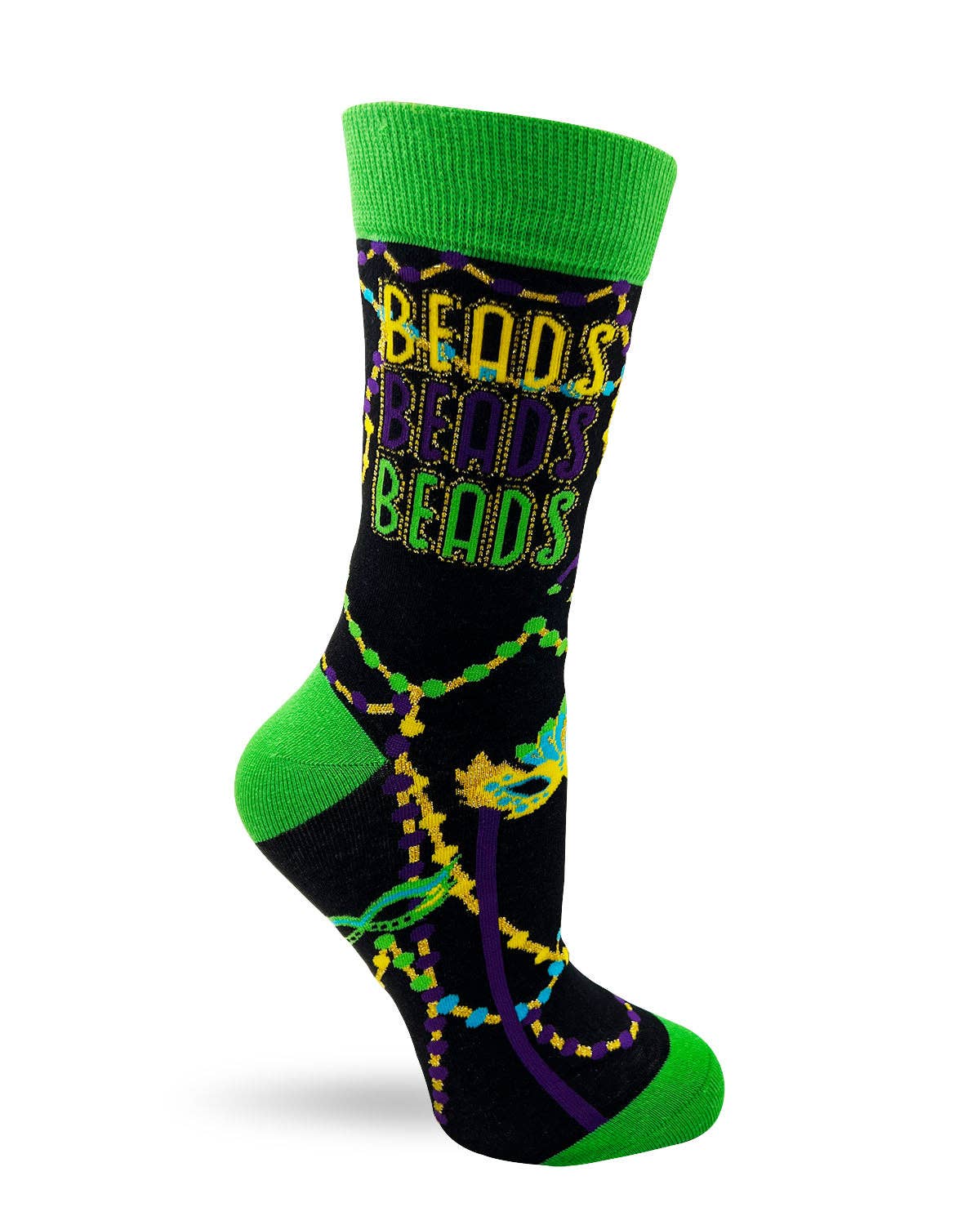 Colorful sock with 'BEADS BEADS BEADS' text on a white background