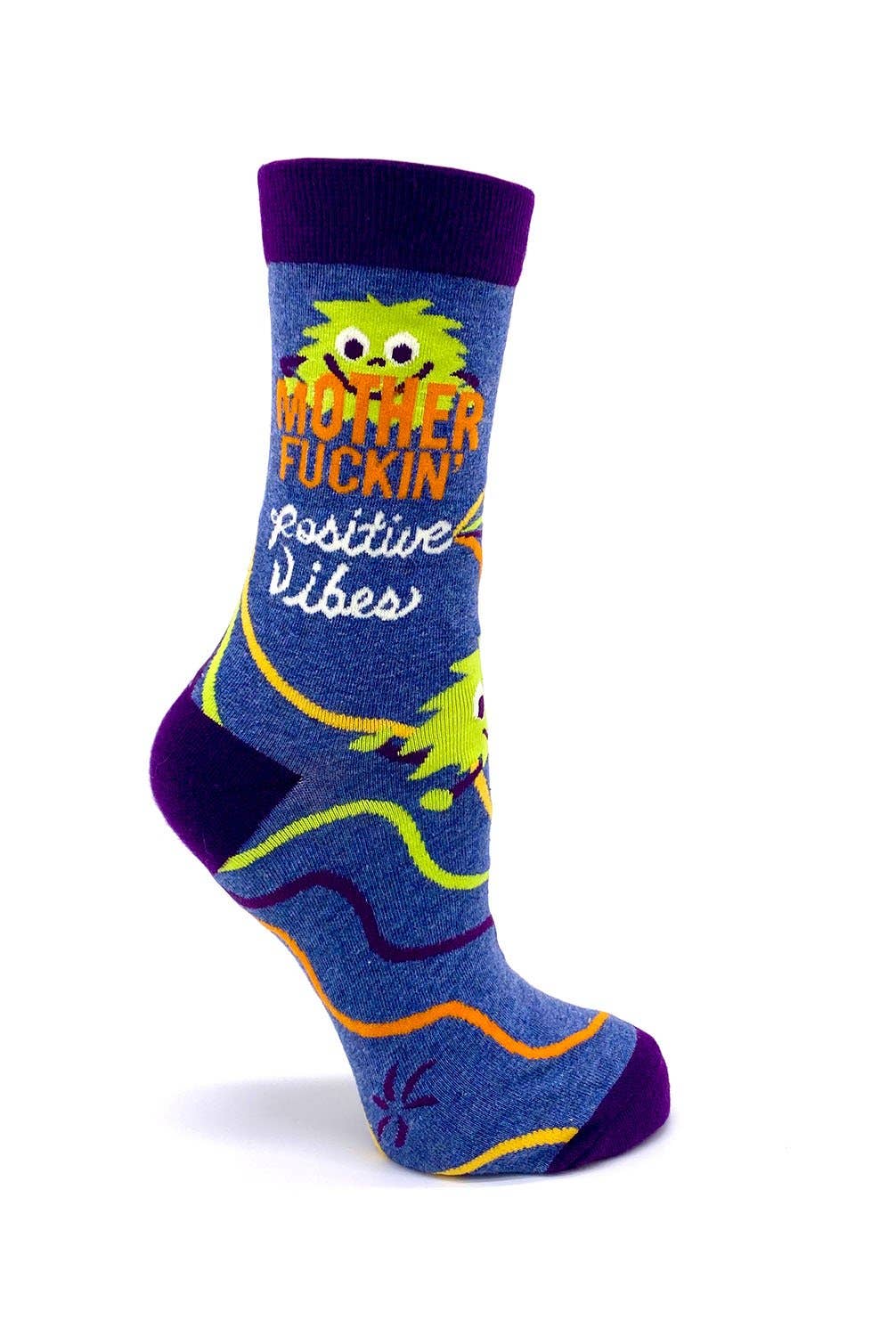Colorful sock with text and a cartoon character on a white background