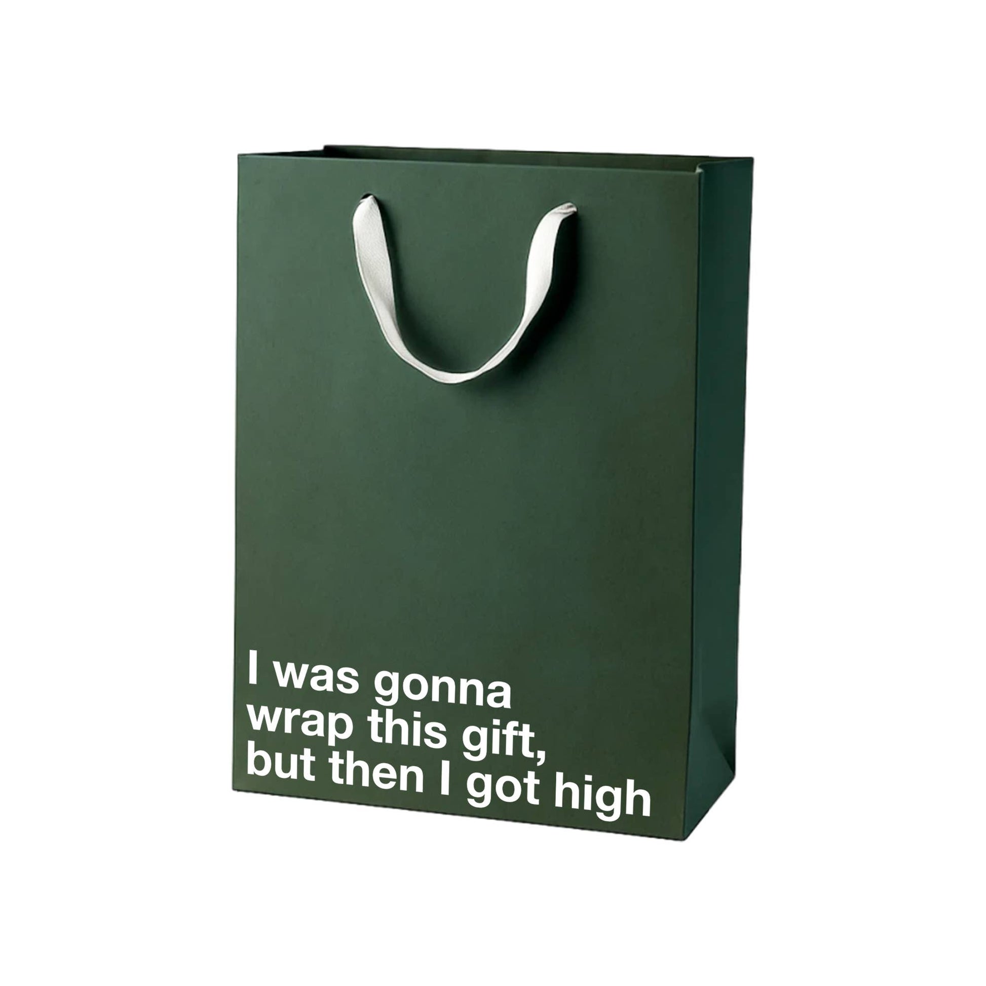 Green gift bag with white text on a white background
