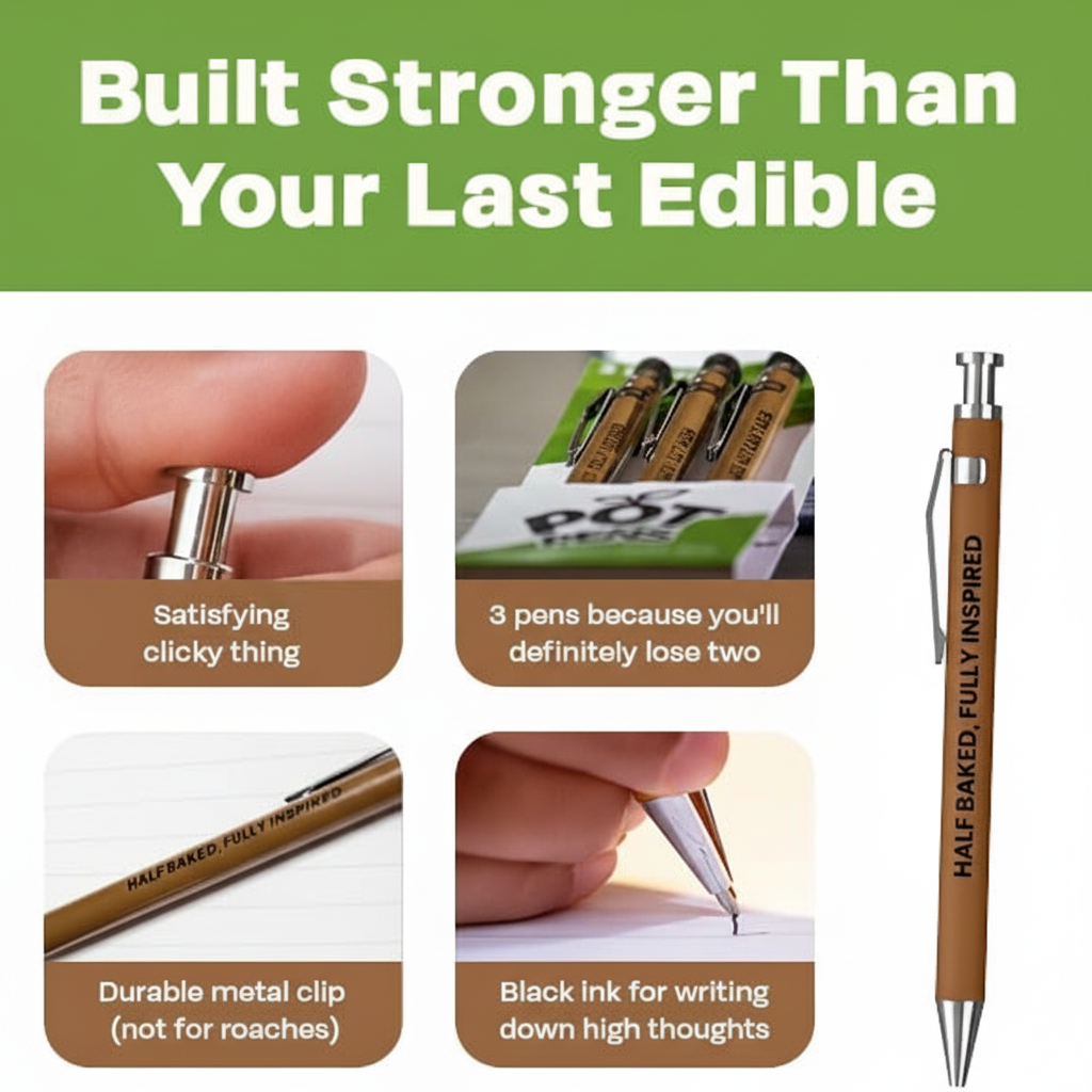 Promotional image of a pen with text about its features and a humorous message.