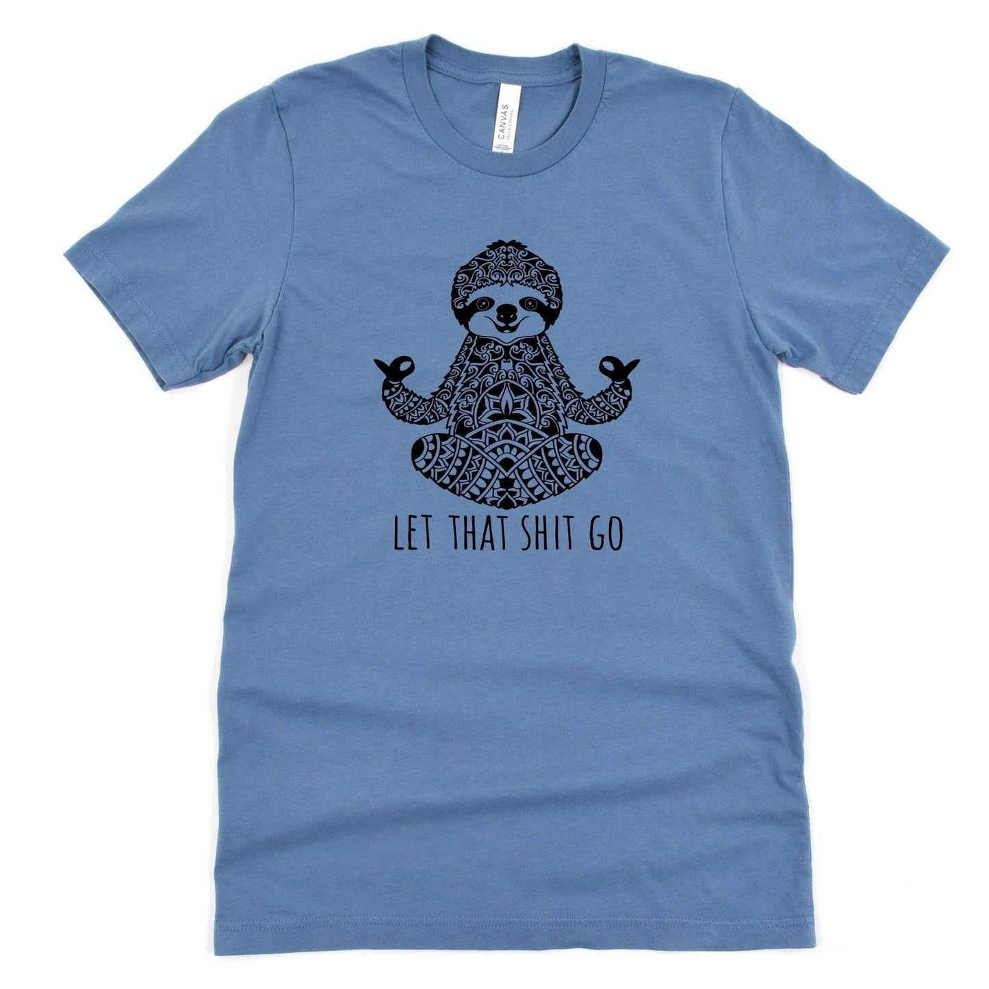 Blue t-shirt with a mandala sloth design and text on a white background
