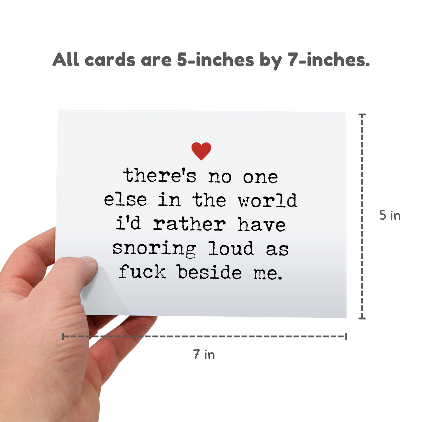Card with text and hearts held by a hand, with dimensions indicated.