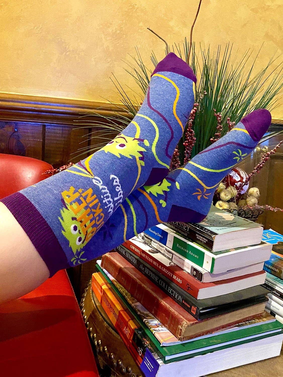 Person wearing colorful socks with cartoon characters, standing on a stack of books.