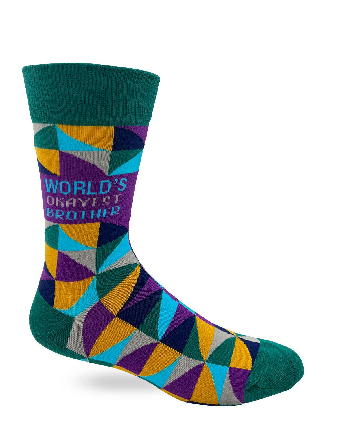 Colorful sock with geometric pattern and 'World's Okayest Brother' text on a white background