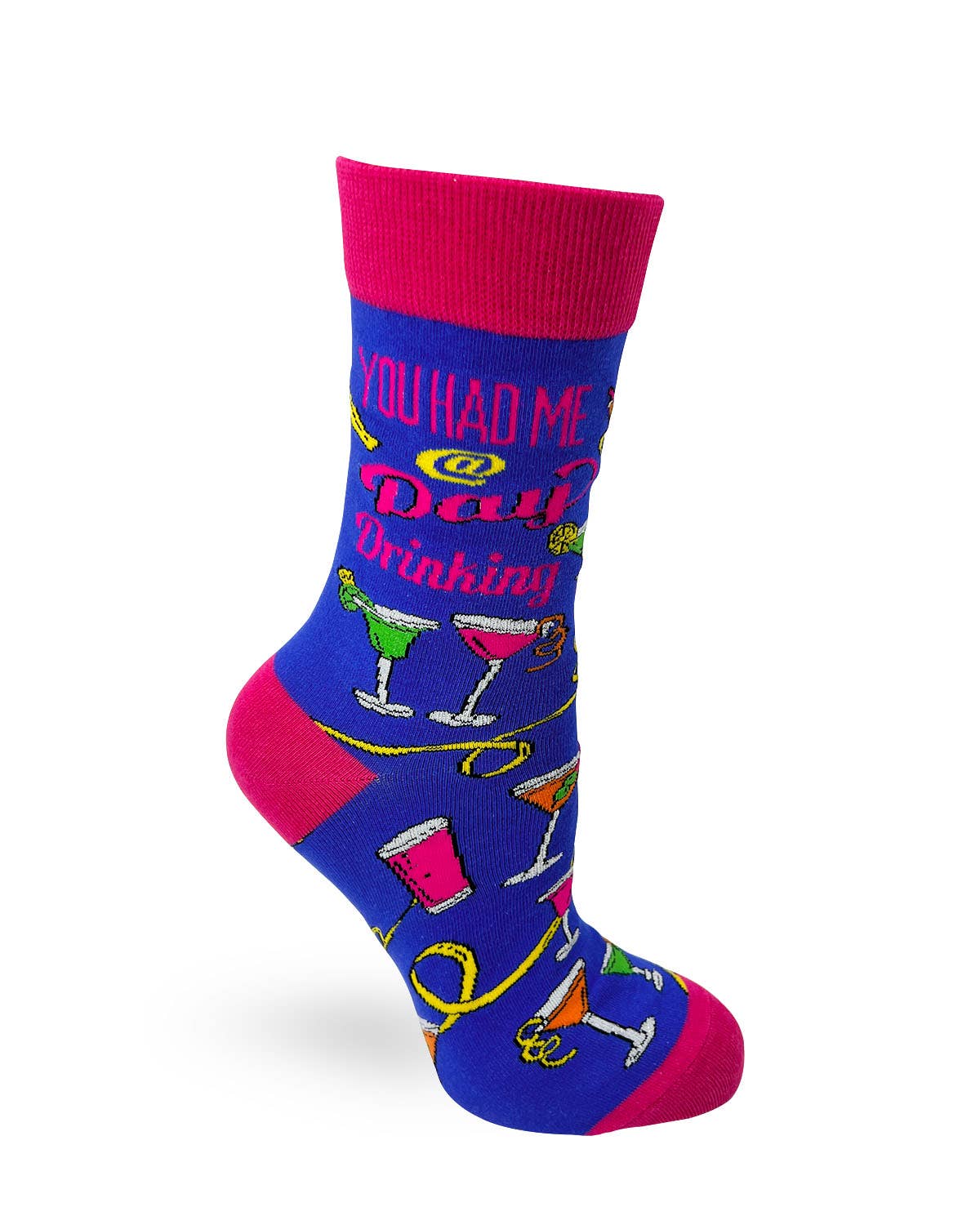 Colorful sock with cocktail-themed design on a white background