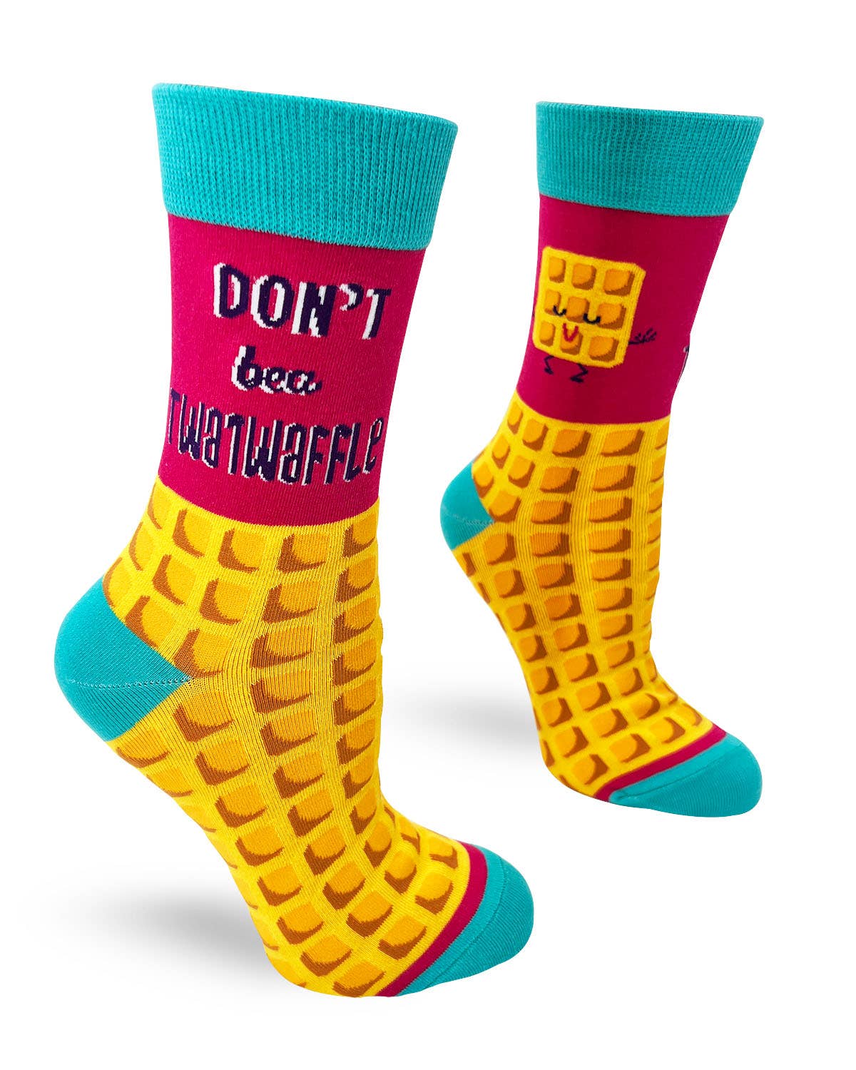 Colorful socks with waffle texture and text on a white background
