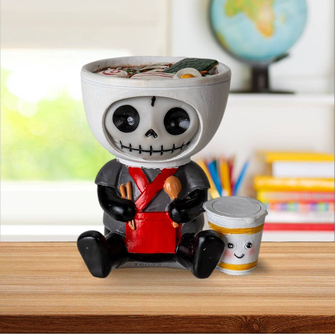 Skeleton character with a cup and another small figure on a desk