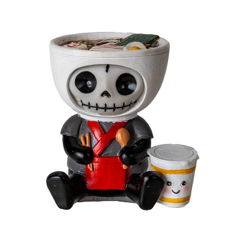 Skeleton character with a bowl, cup, and other items on a white background