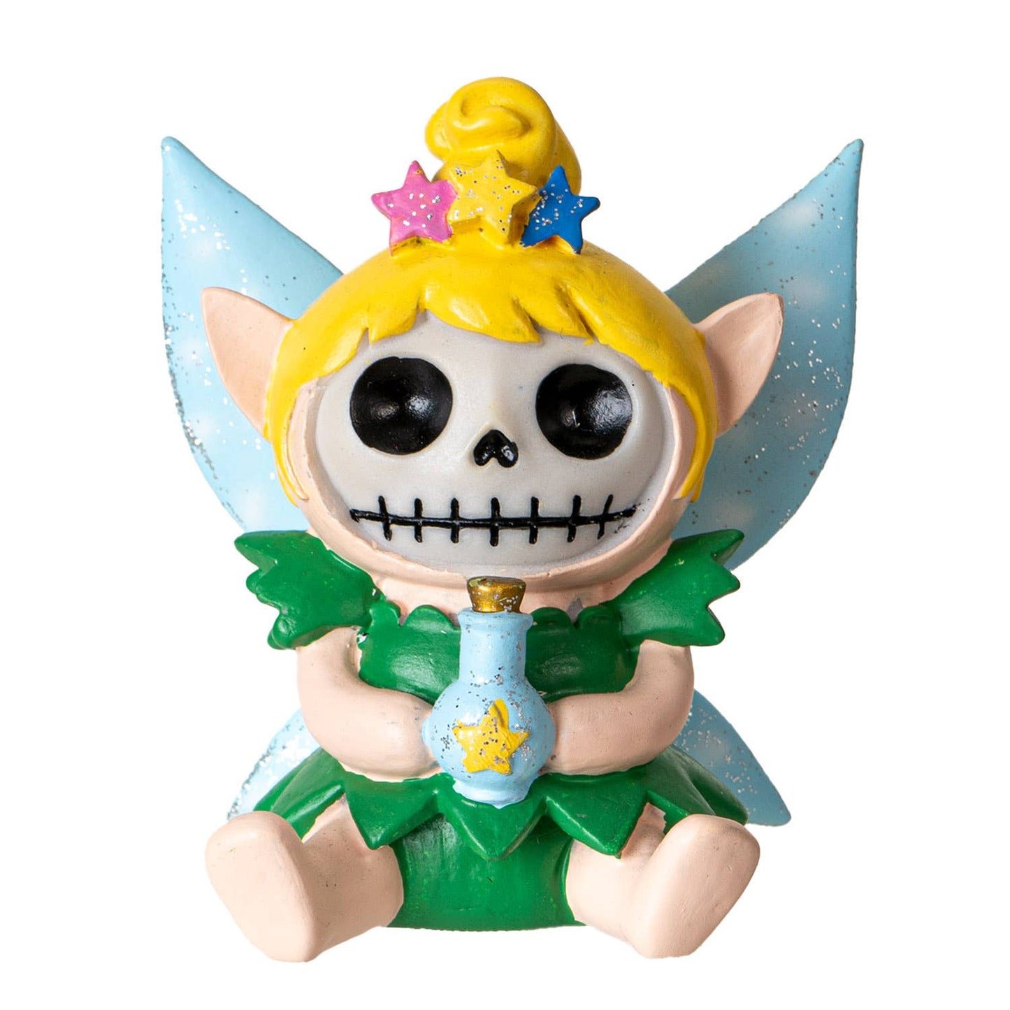 Toy figure with a skeleton face, blonde hair, and fairy wings on a white background