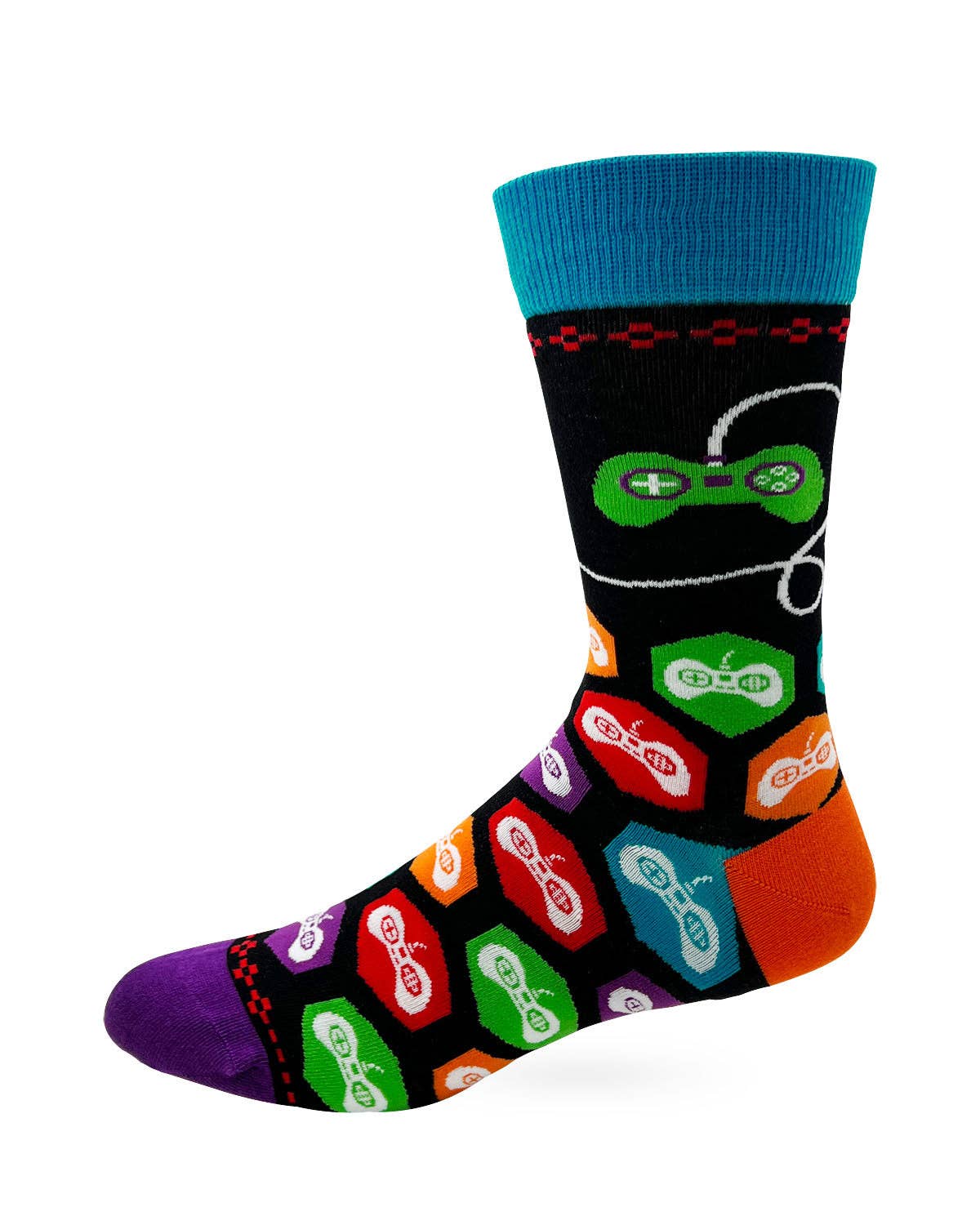 Colorful sock with game controller design on a white background
