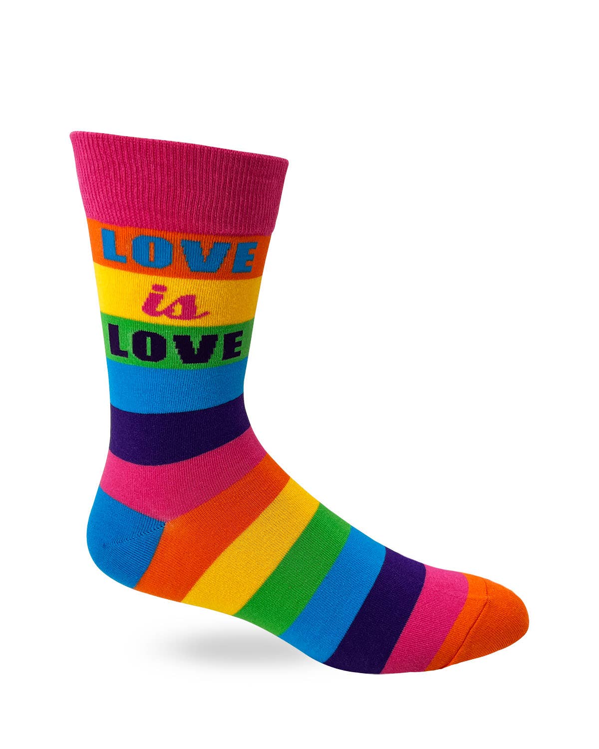 Colorful sock with rainbow stripes and 'LOVE is LOVE' text on a white background