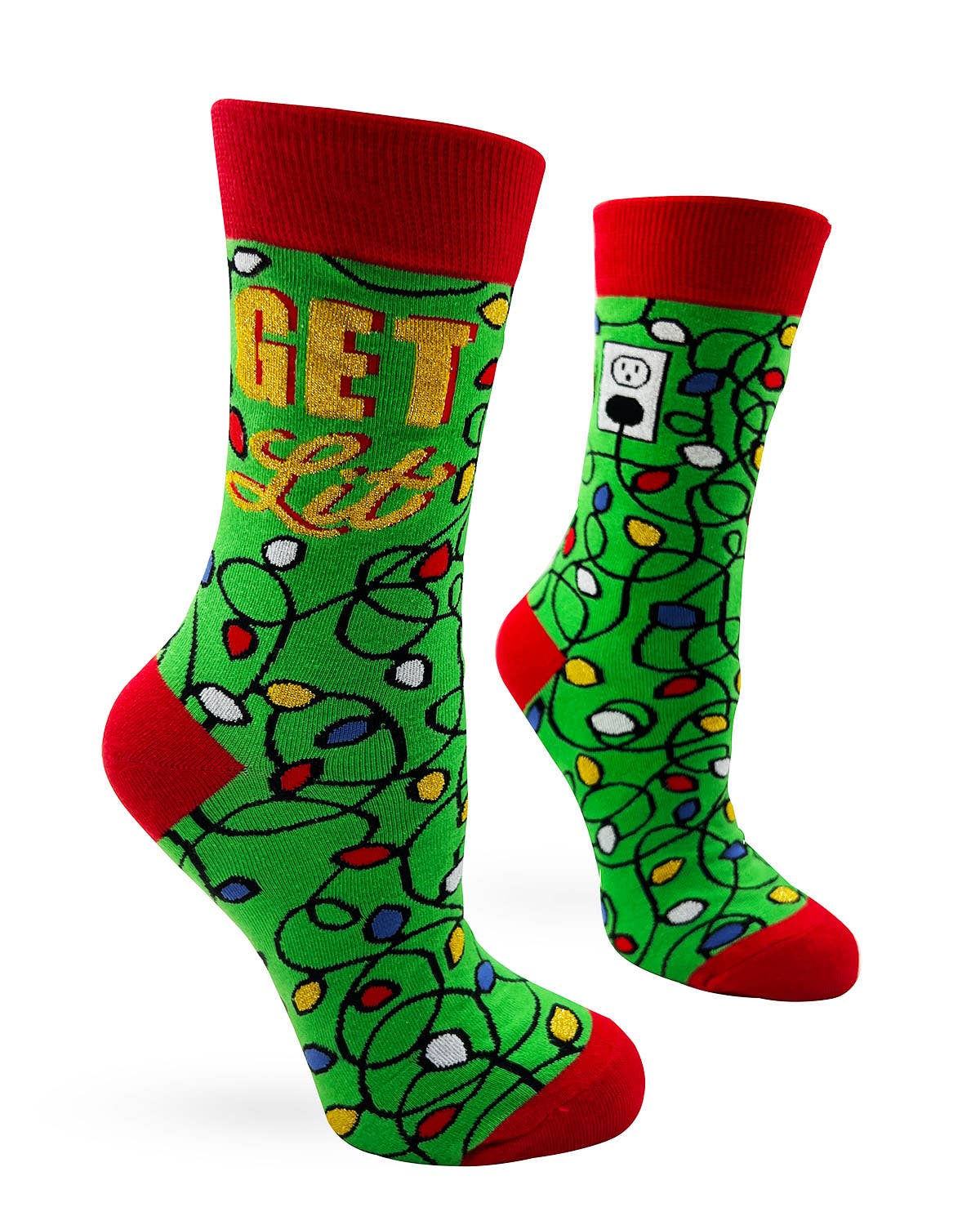 Green socks with red cuffs and toes, featuring Christmas lights and 'Get Lit' text on a white background.