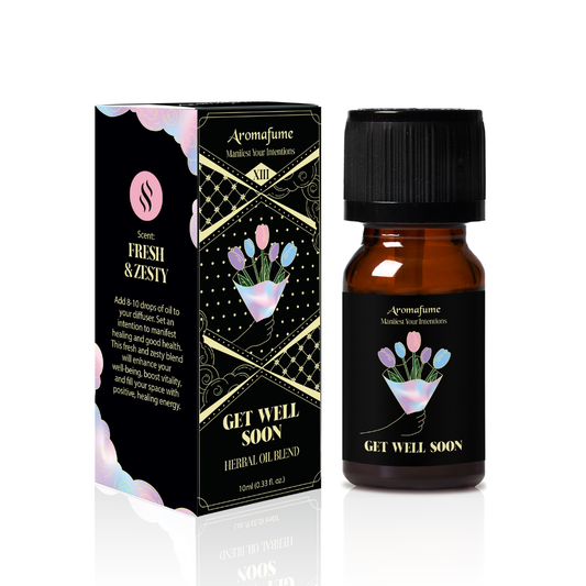 Aromatherapy oil blend packaging with bottle labeled 'Get Well Soon' on a white background